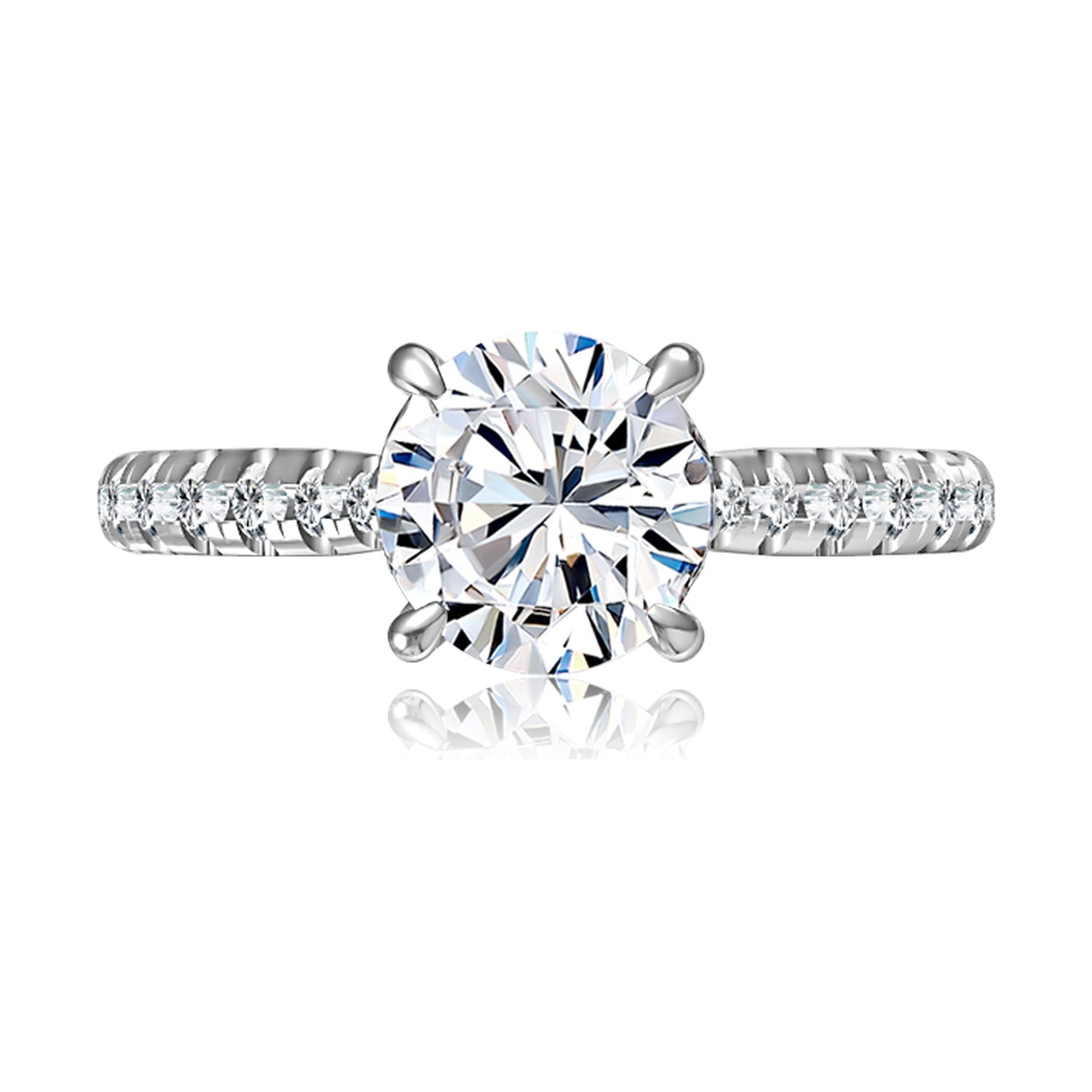 Top view of a 14K white gold engagement ring setting with a round center diamond