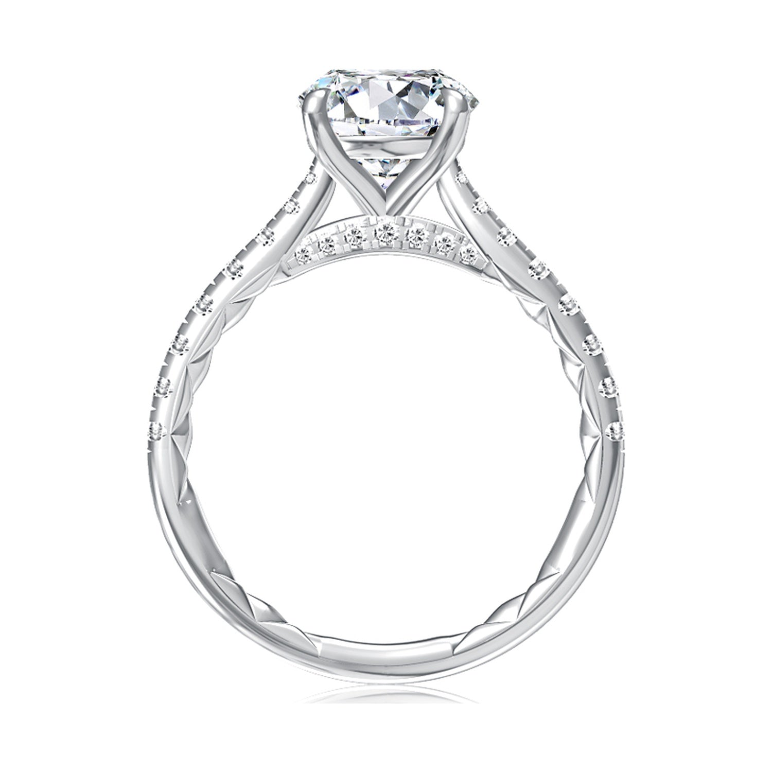 Side view of a 14K white gold engagement ring setting with a pave diamond band