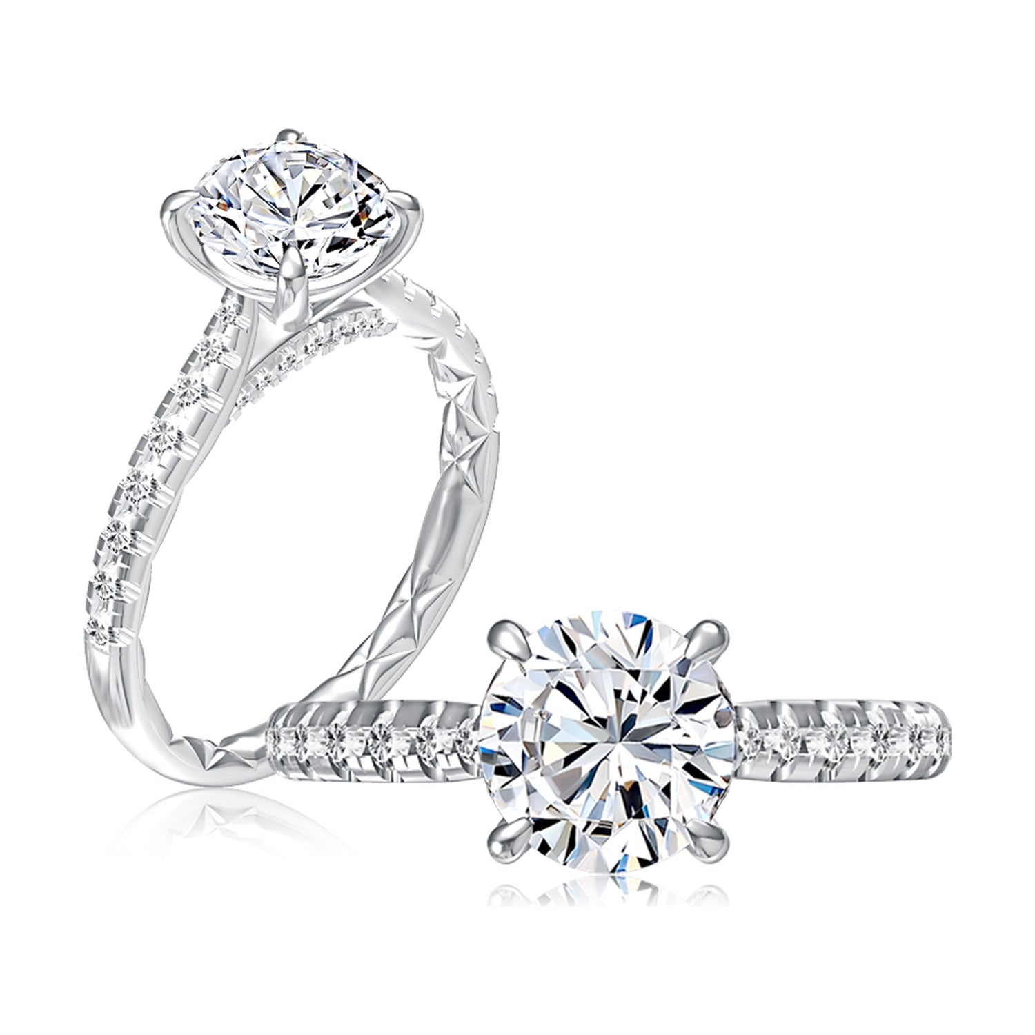 14K white gold engagement ring setting with a pave diamond band and a round center diamond, shown standing and lying flat