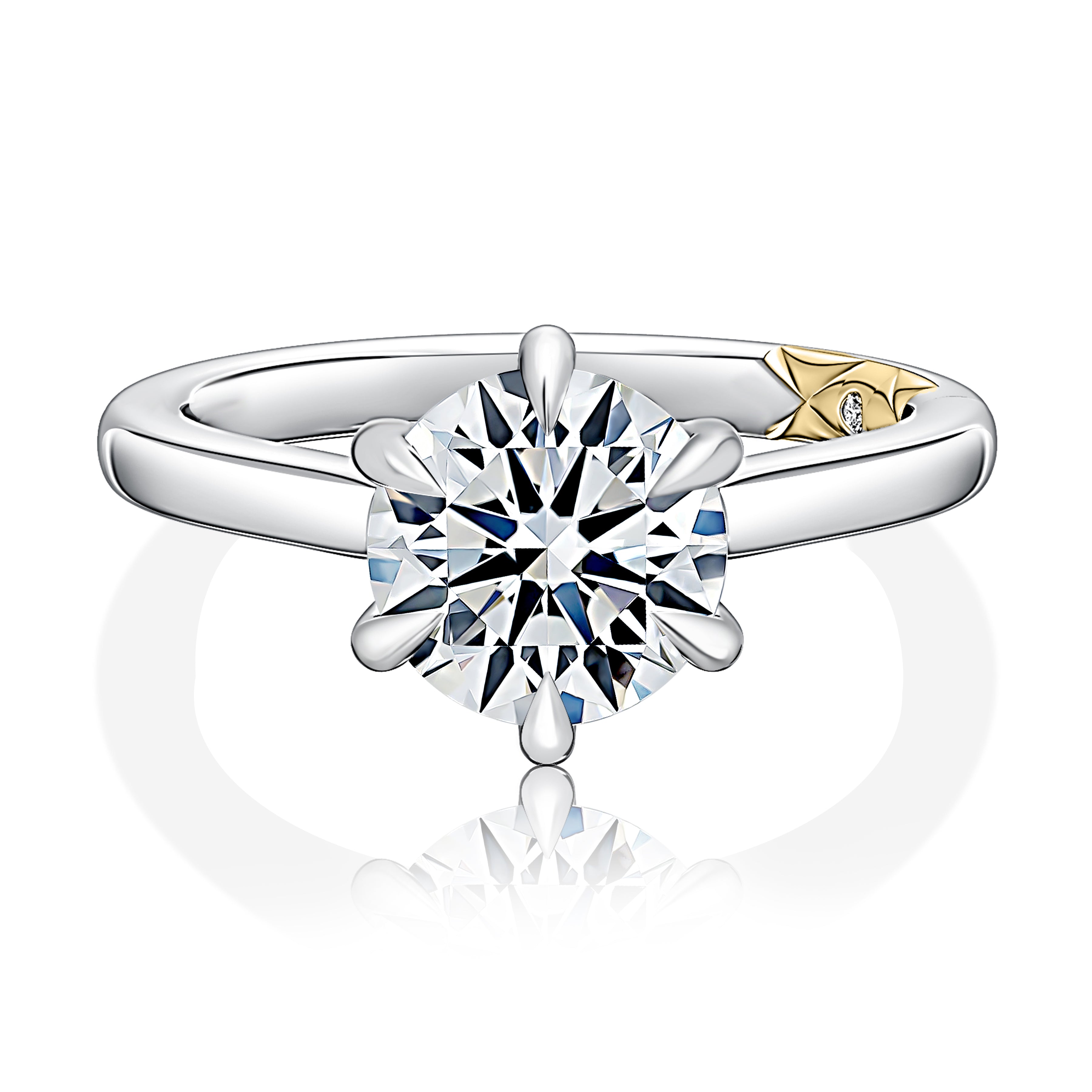 Top view of a 14K white gold six-prong solitaire engagement ring with a round center diamond