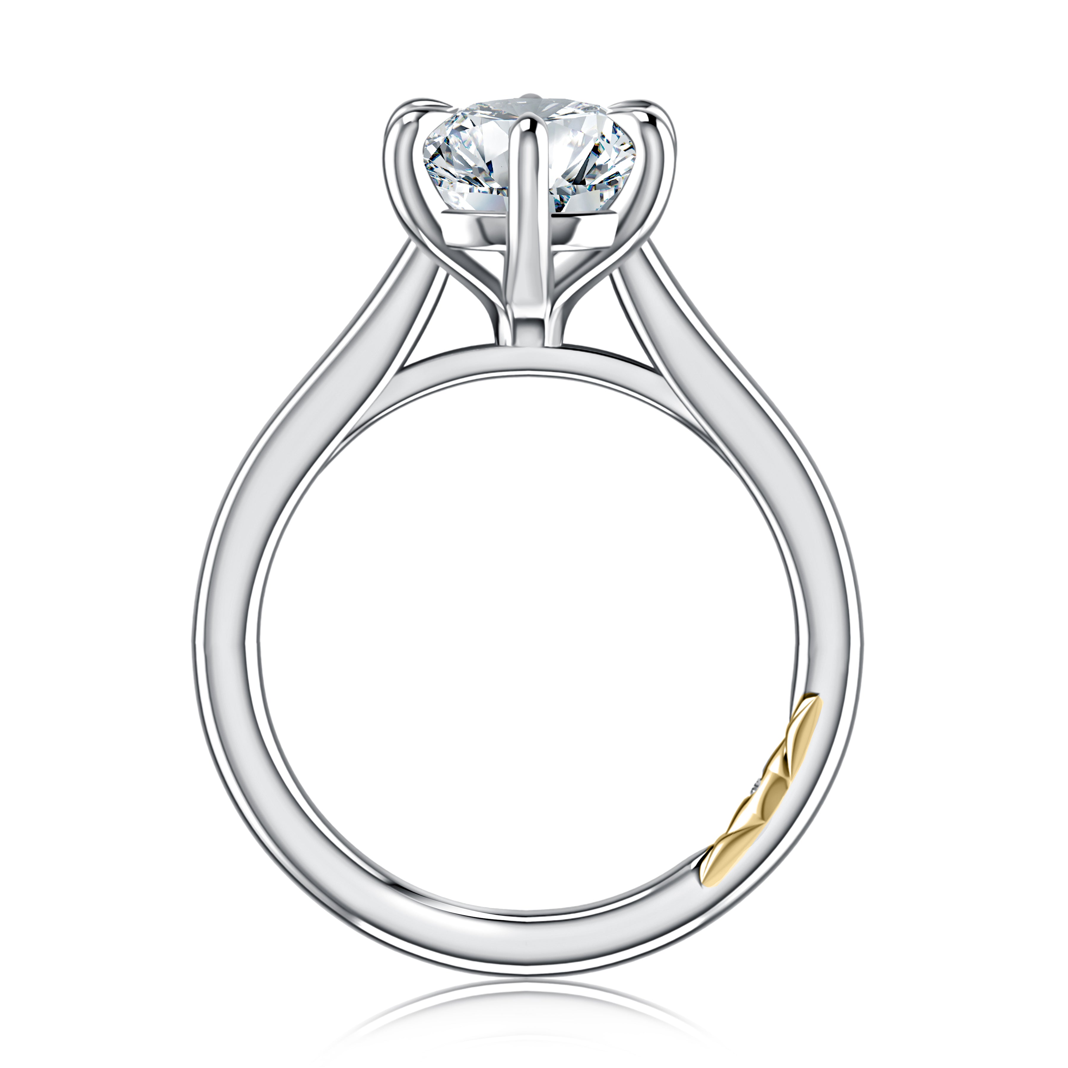 Side view of a 14K white gold six-prong solitaire engagement ring setting with a yellow gold accent inside the band