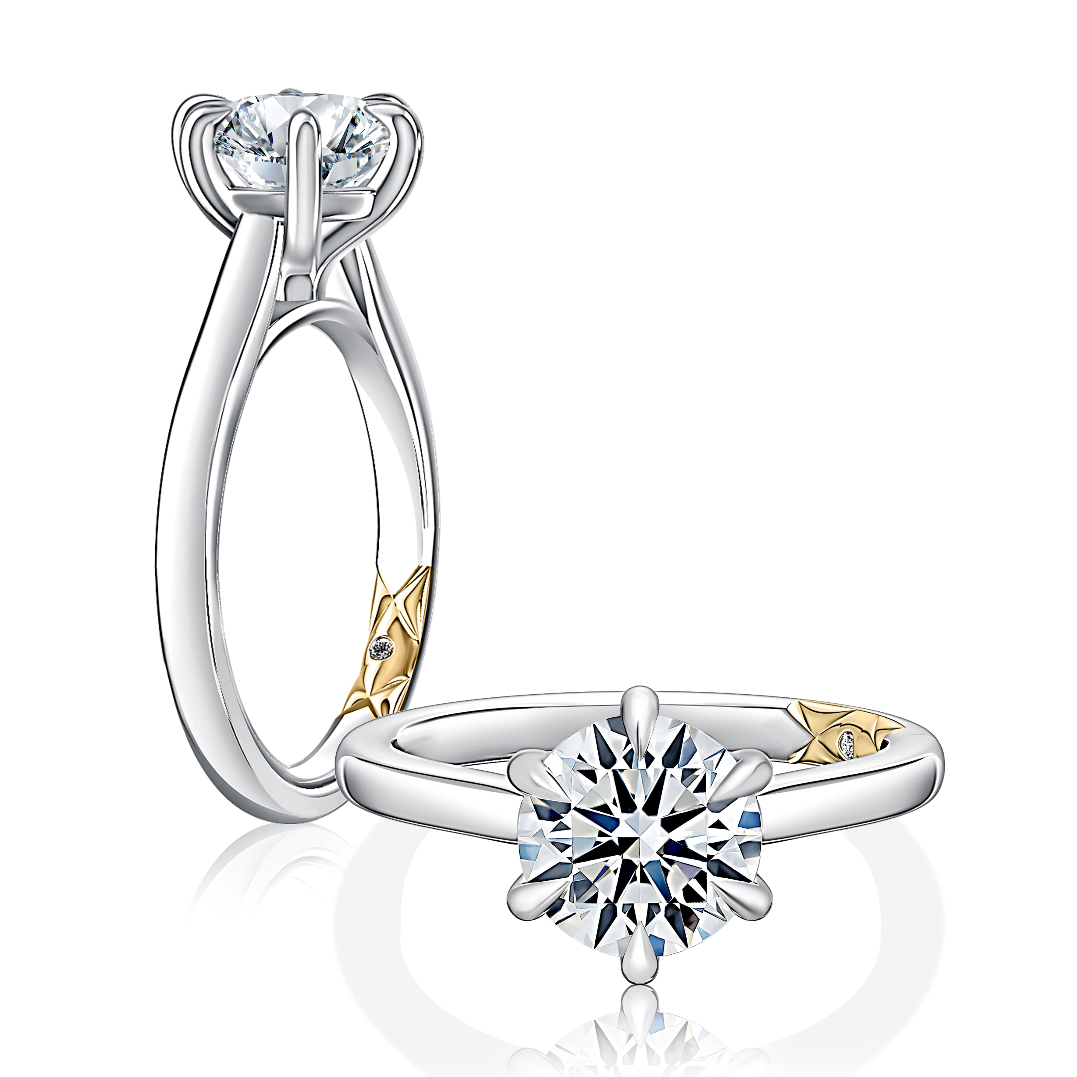 14K white gold six-prong solitaire engagement ring setting with a round center diamond, shown standing and lying flat
