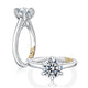 14K white gold six-prong solitaire engagement ring setting with a round center diamond, shown standing and lying flat