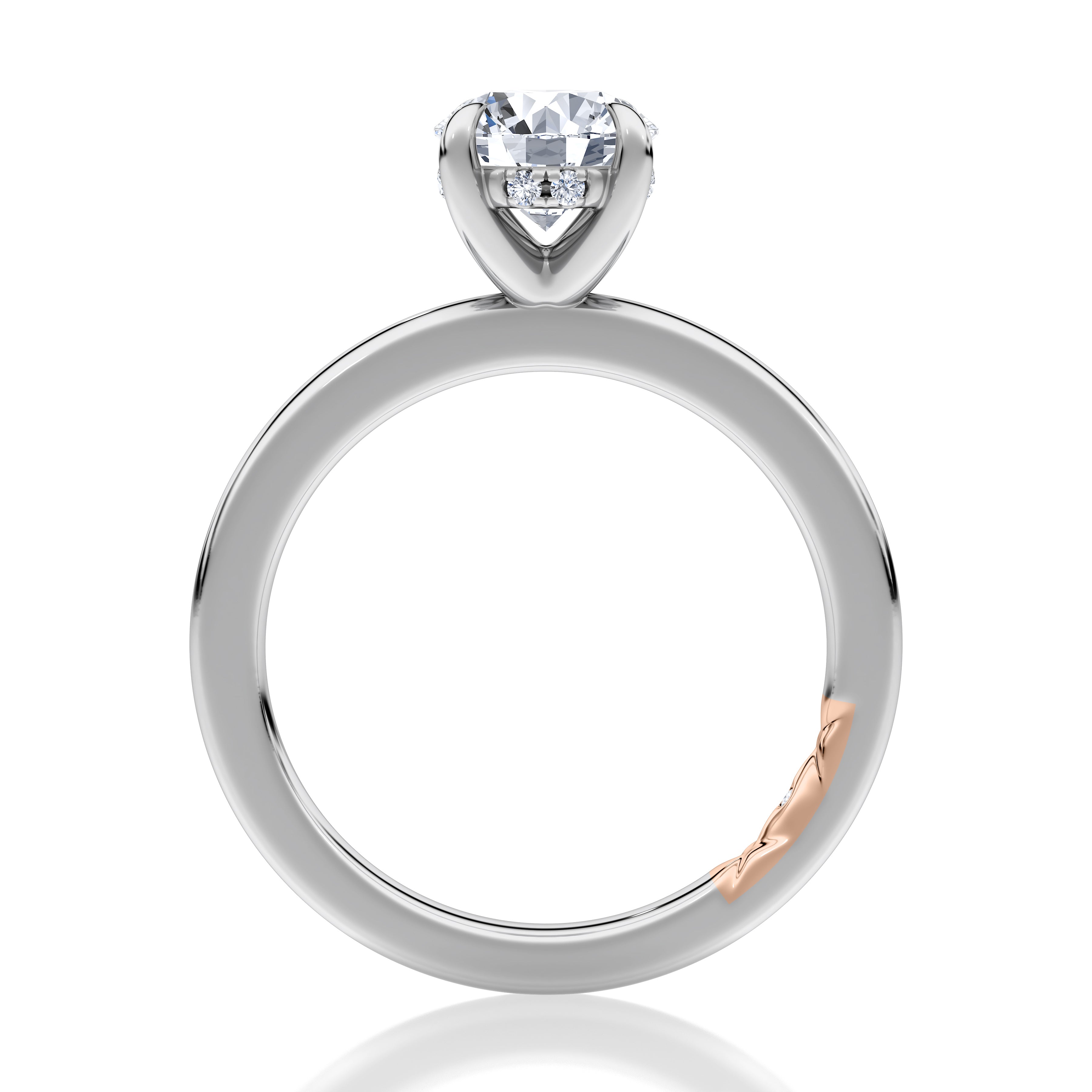 Side view of a 14K white gold four-prong solitaire engagement ring setting