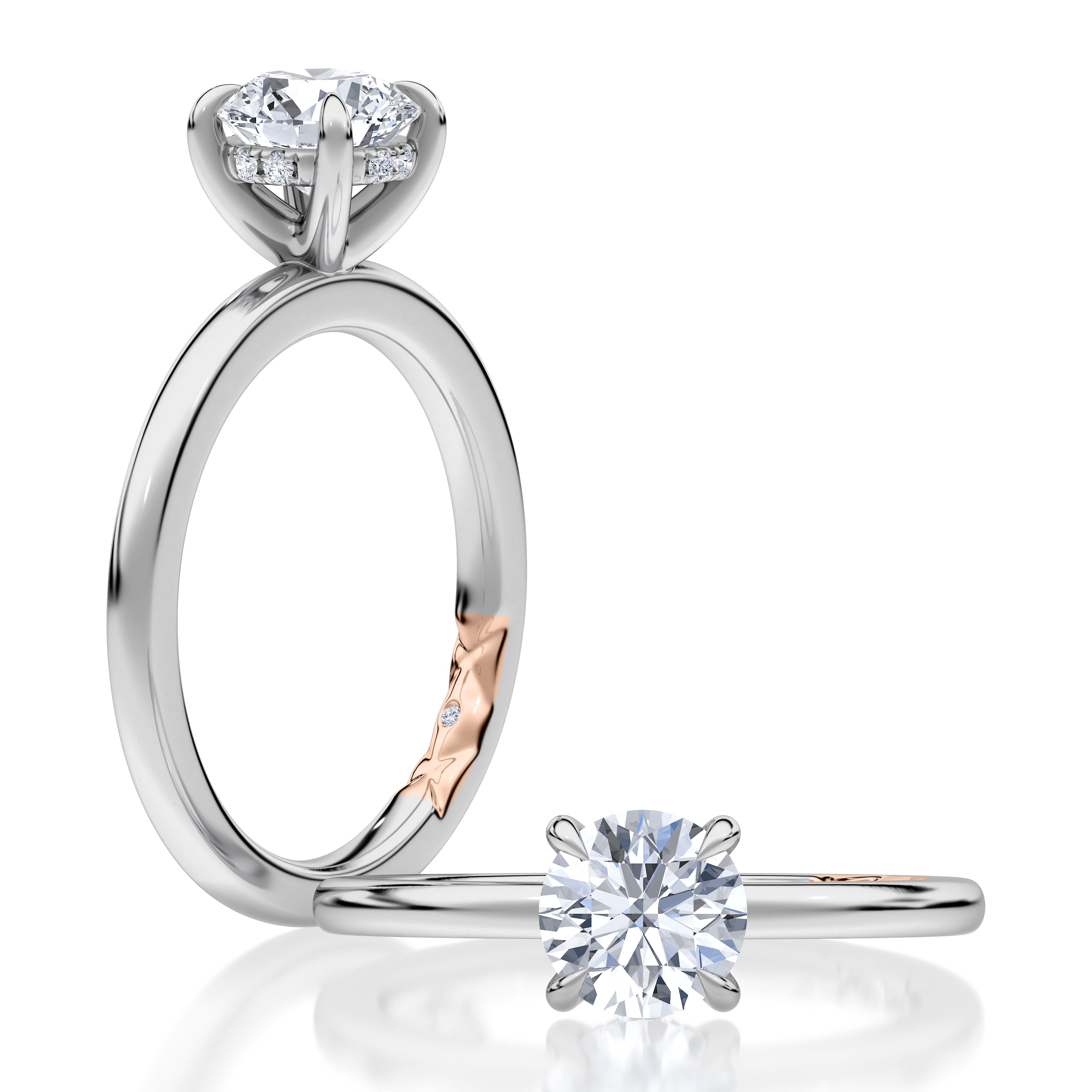 14K white gold four-prong solitaire engagement ring setting with a round center diamond, shown standing and lying flat