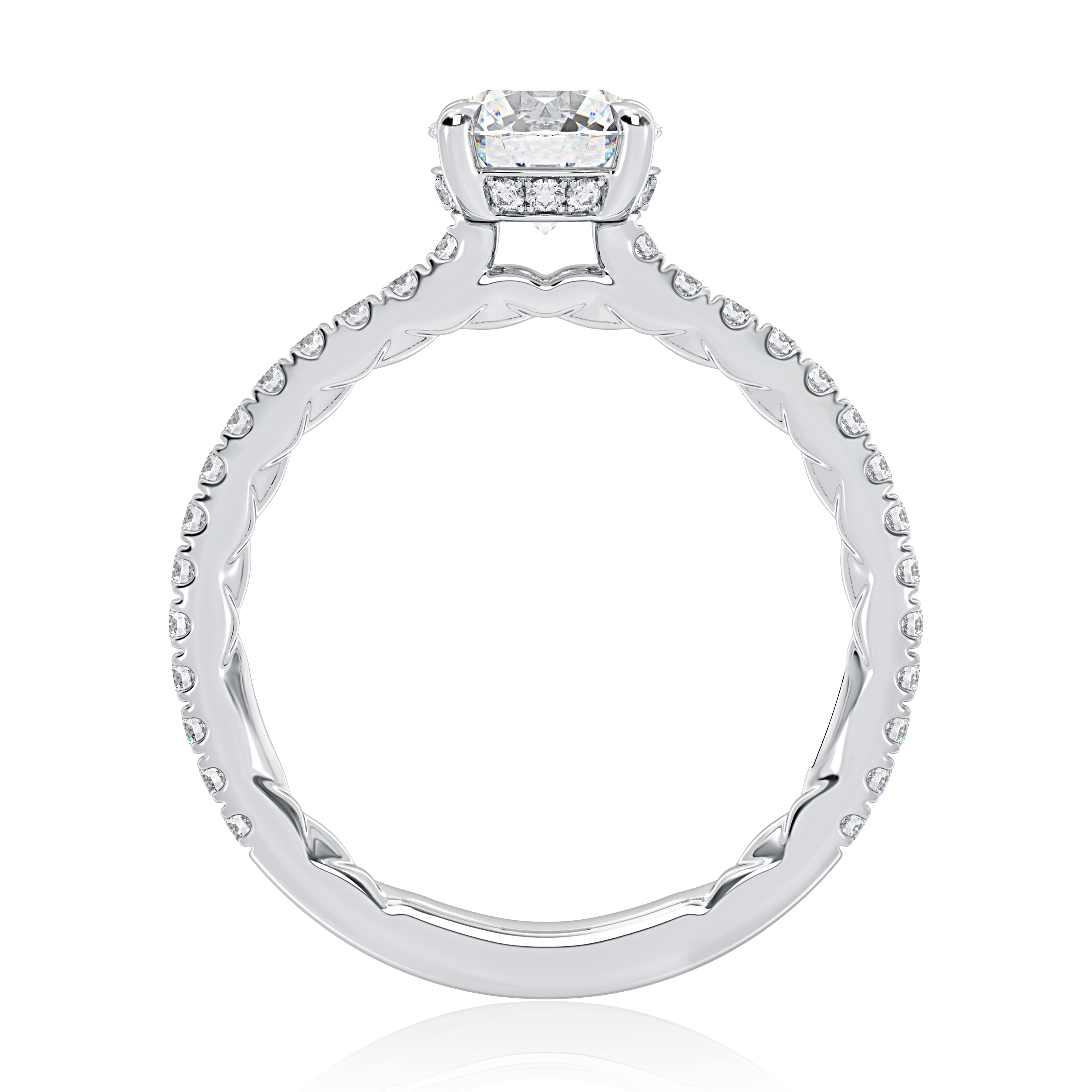 Side view of a 14K white gold engagement ring setting showing the hidden halo beneath the center stone