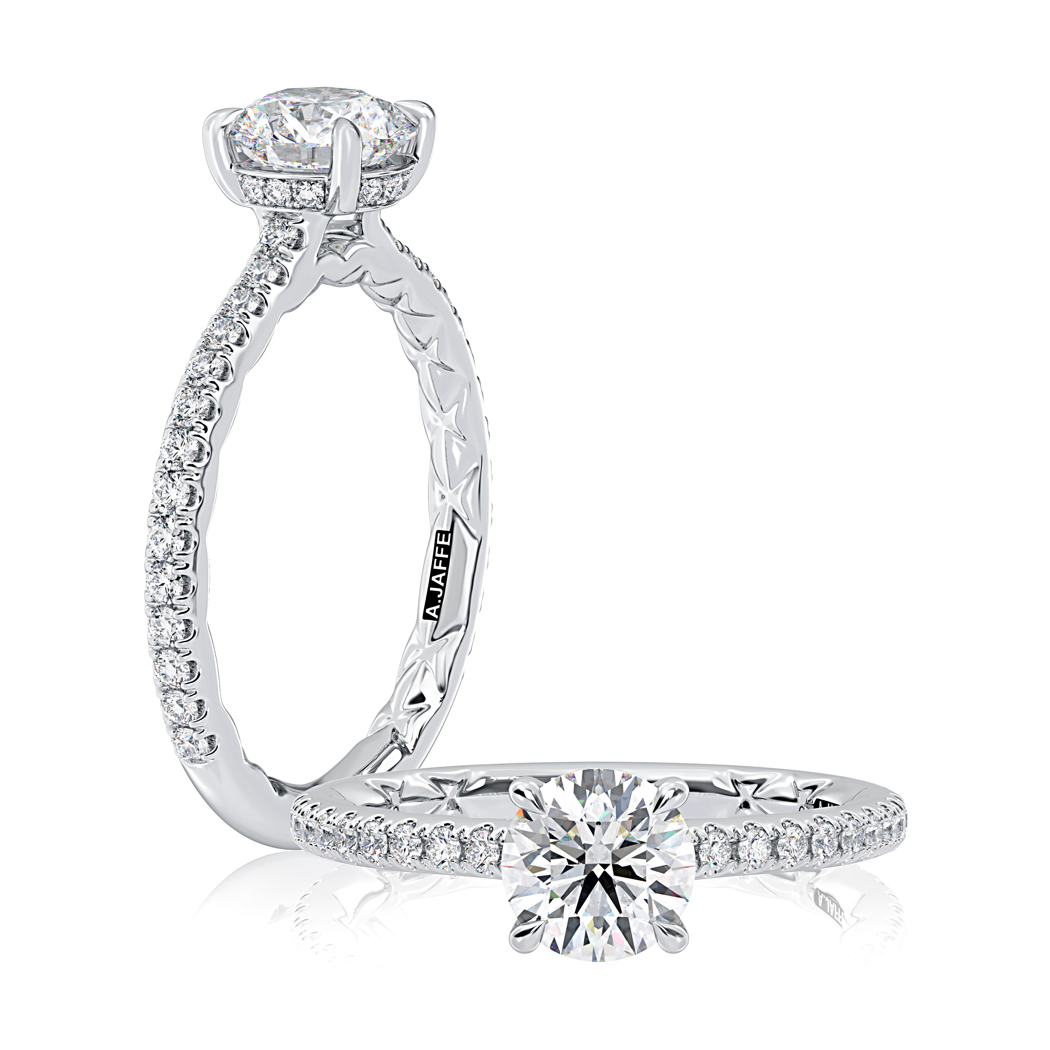 14K white gold hidden halo engagement ring setting with a pave band, shown standing and lying flat