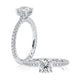 14K white gold hidden halo engagement ring setting with a pave band, shown standing and lying flat