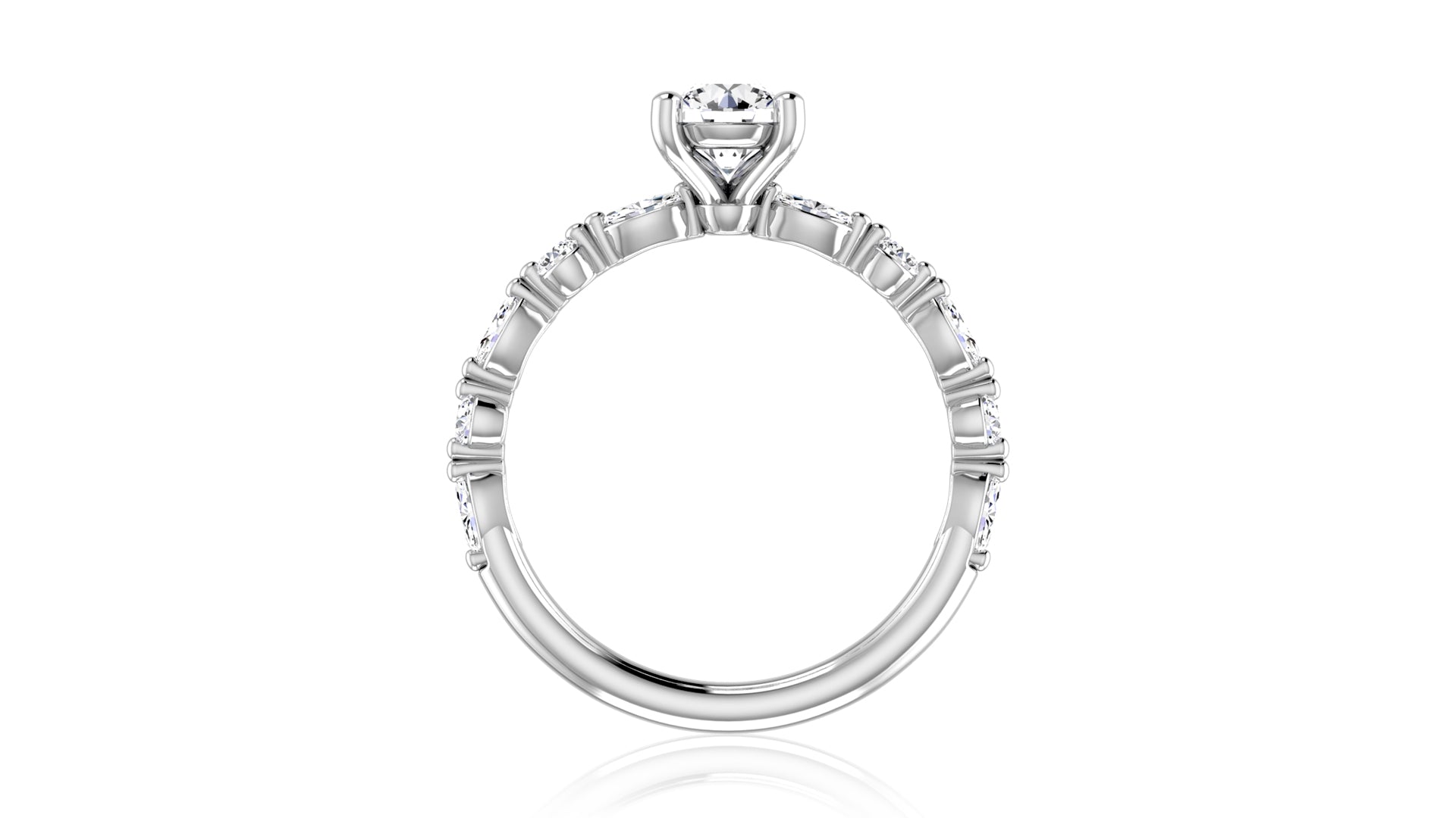 Side view of a 14K white gold engagement ring setting with diamonds along the band