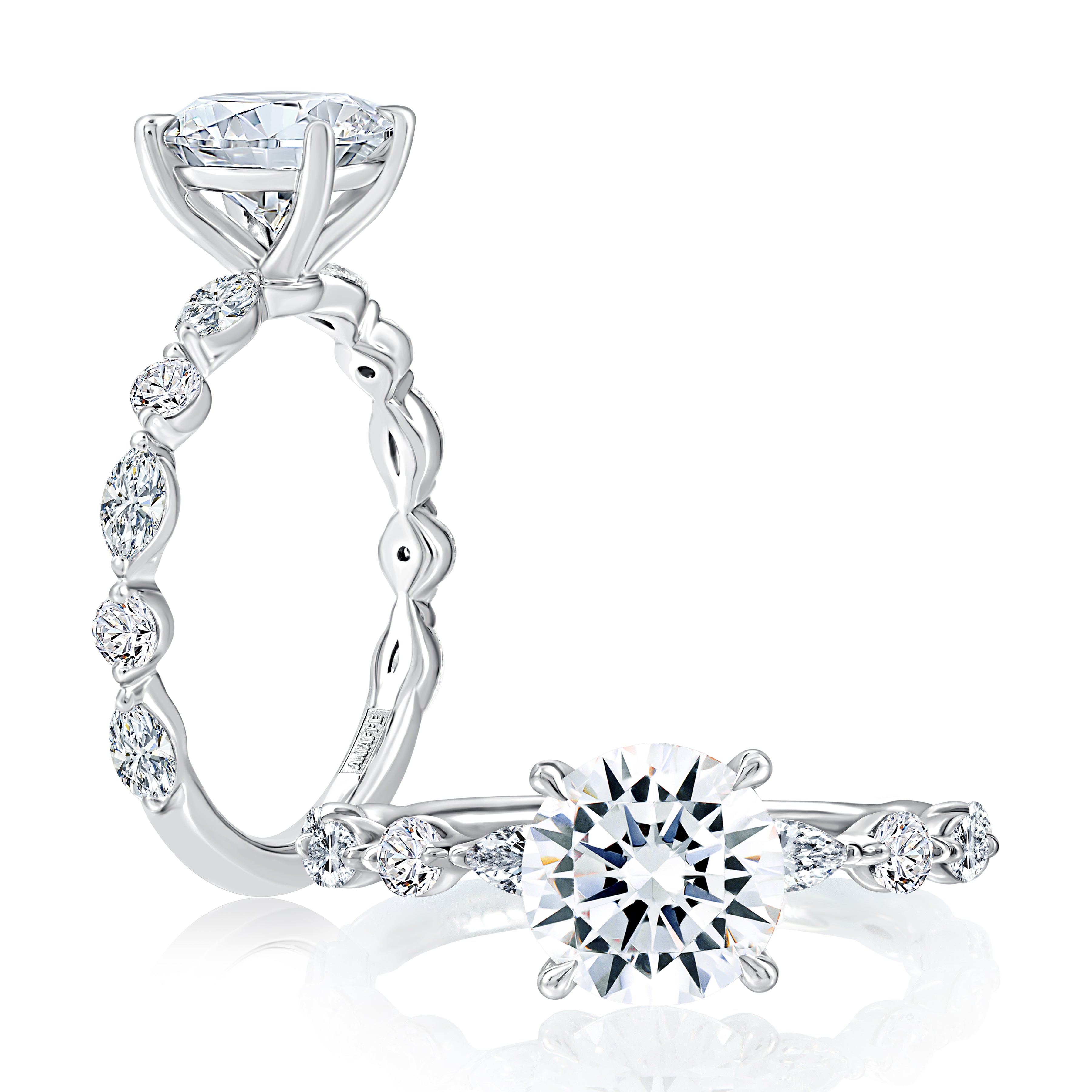 14K white gold engagement ring setting with diamonds along the band and a round center diamond, shown standing and lying flat