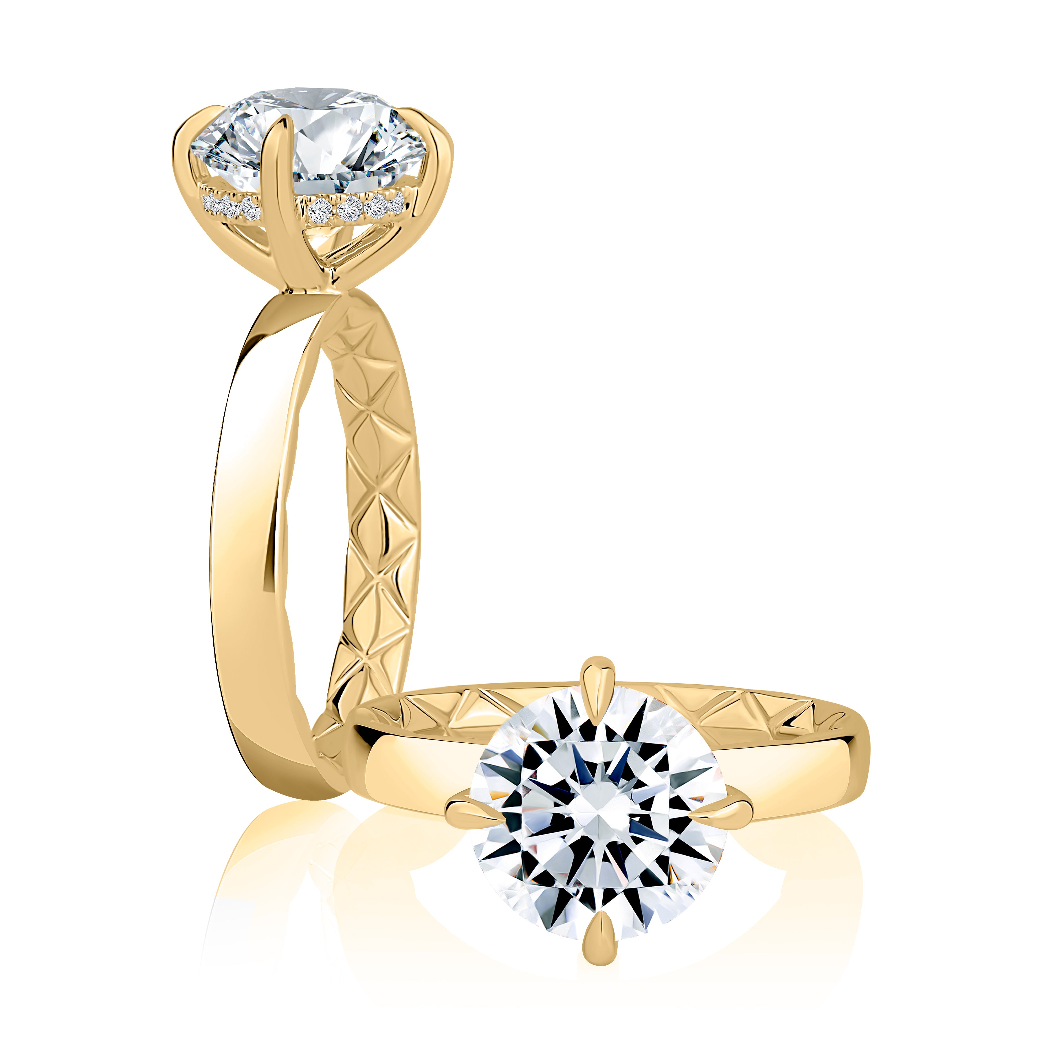14K yellow gold solitaire engagement ring setting with a round center diamond, shown standing and lying flat