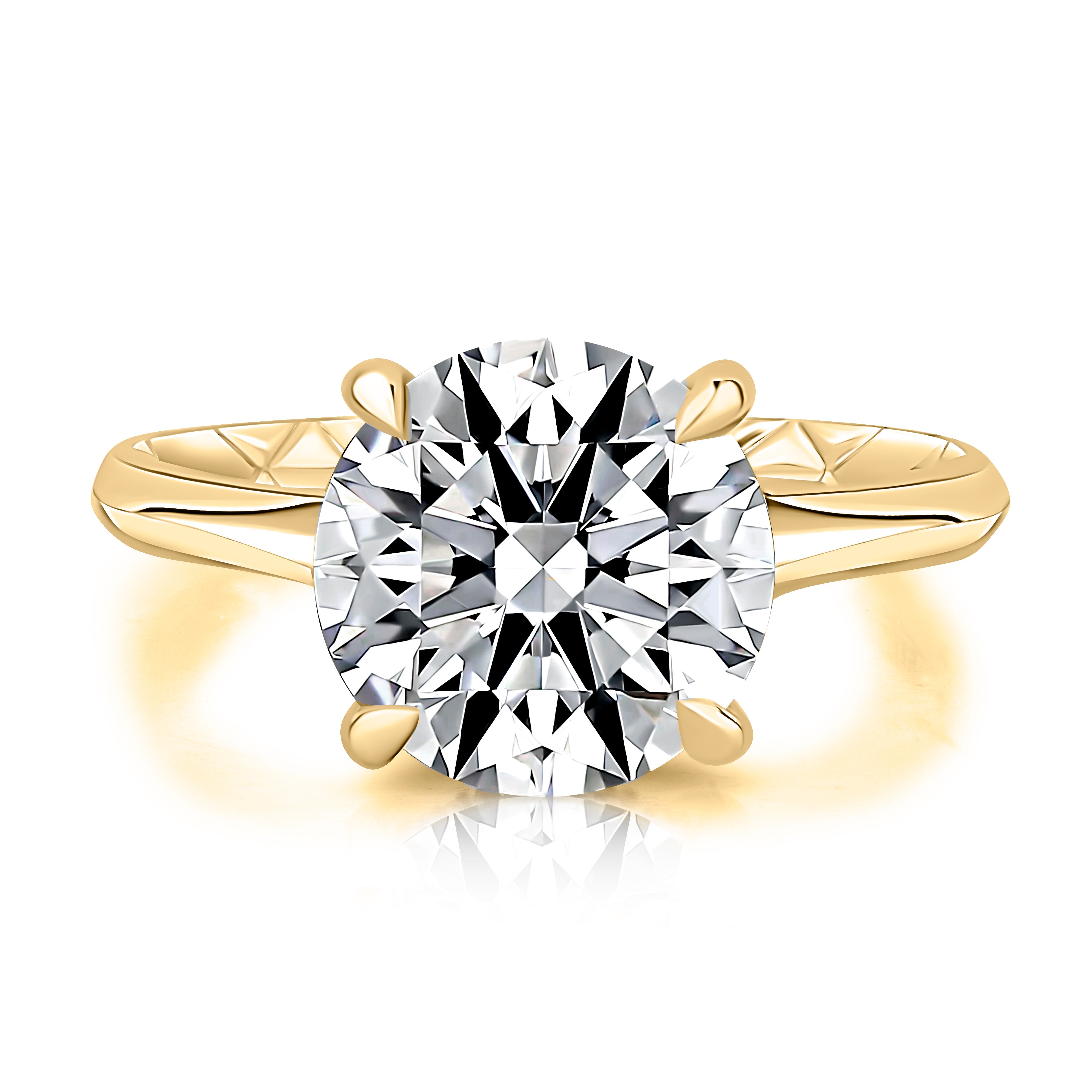 Top view of a 14K yellow gold four-prong hidden halo engagement ring with a round center diamond