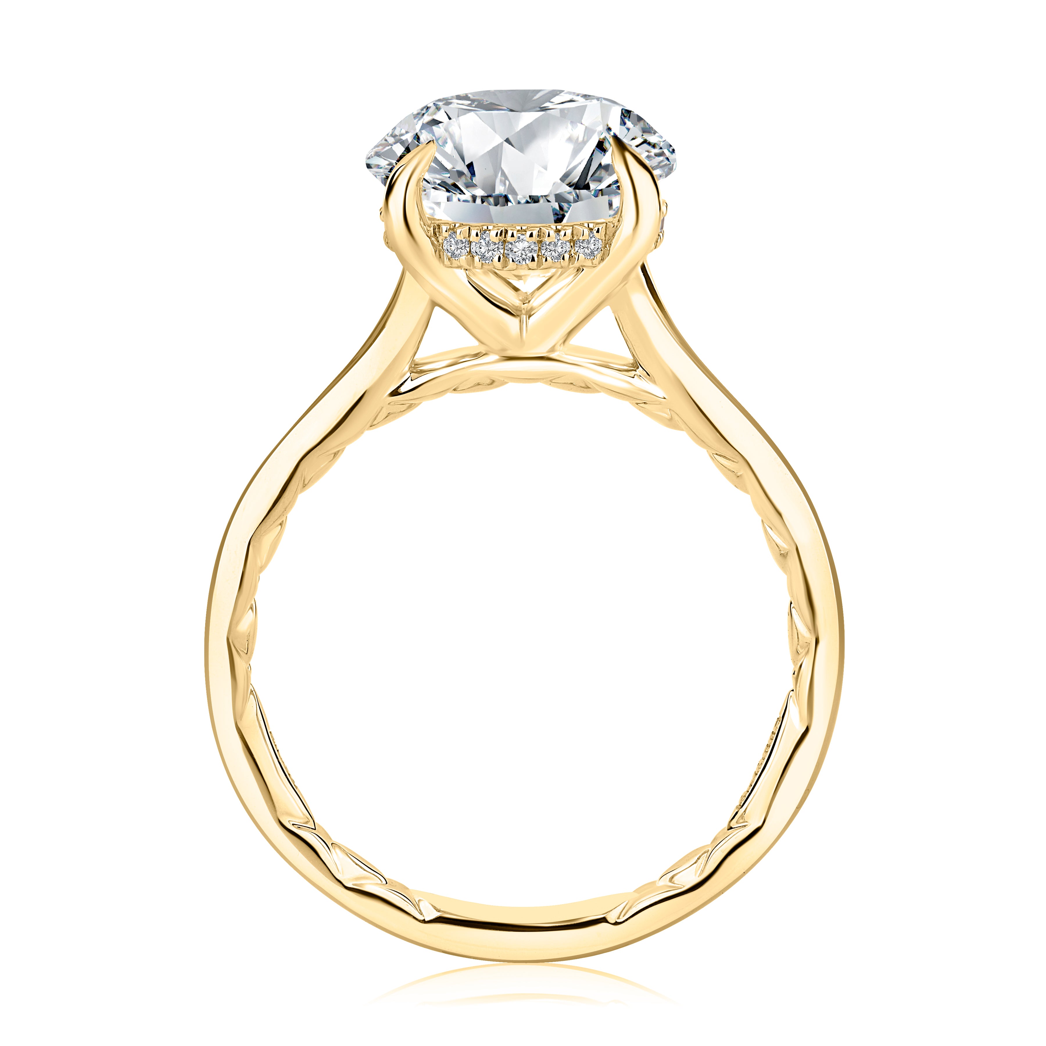 Side view of a 14K yellow gold engagement ring setting showing the hidden halo of small diamonds beneath the center stone