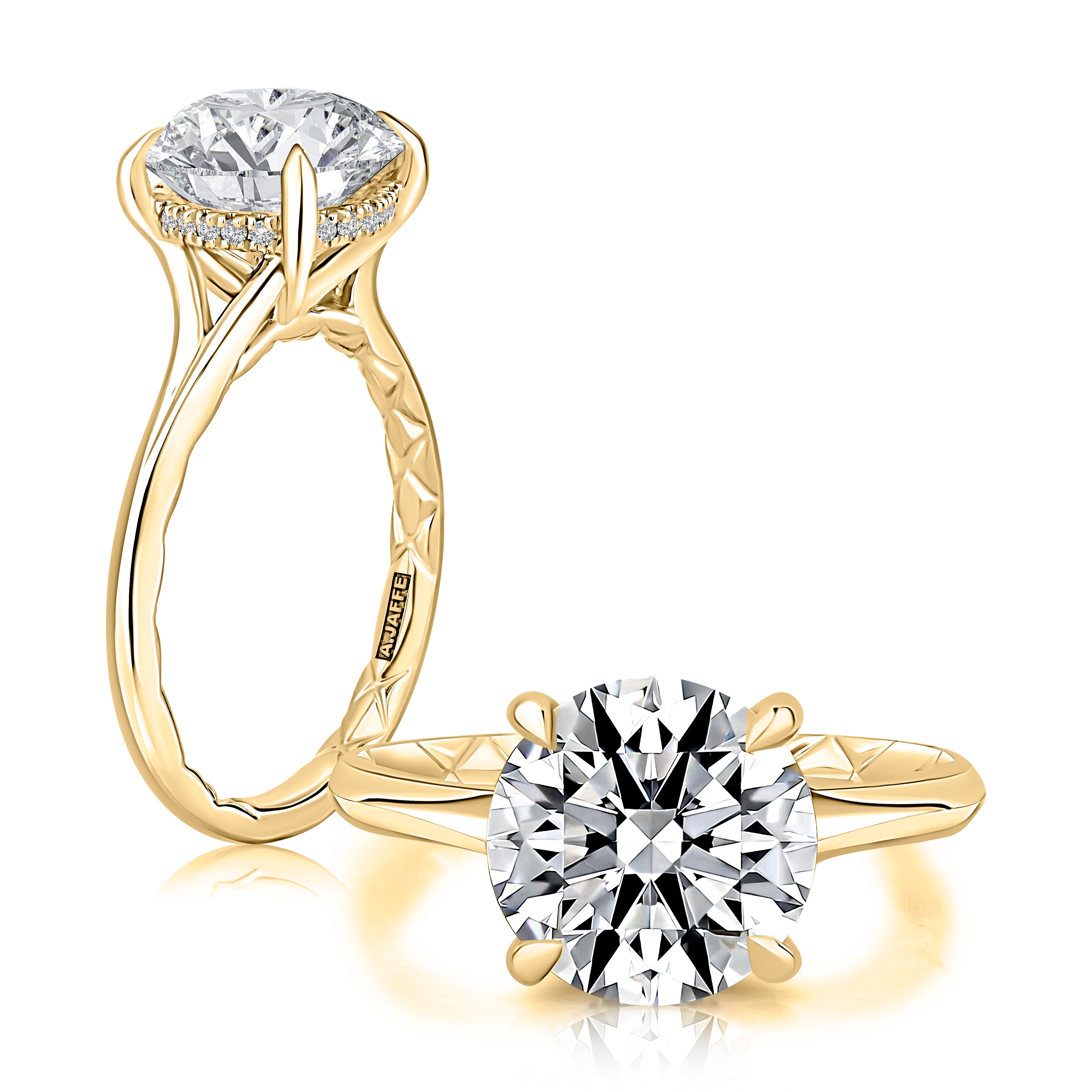 14K yellow gold hidden halo engagement ring setting with a round center diamond, shown standing and lying flat