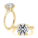 14K yellow gold hidden halo engagement ring setting with a round center diamond, shown standing and lying flat