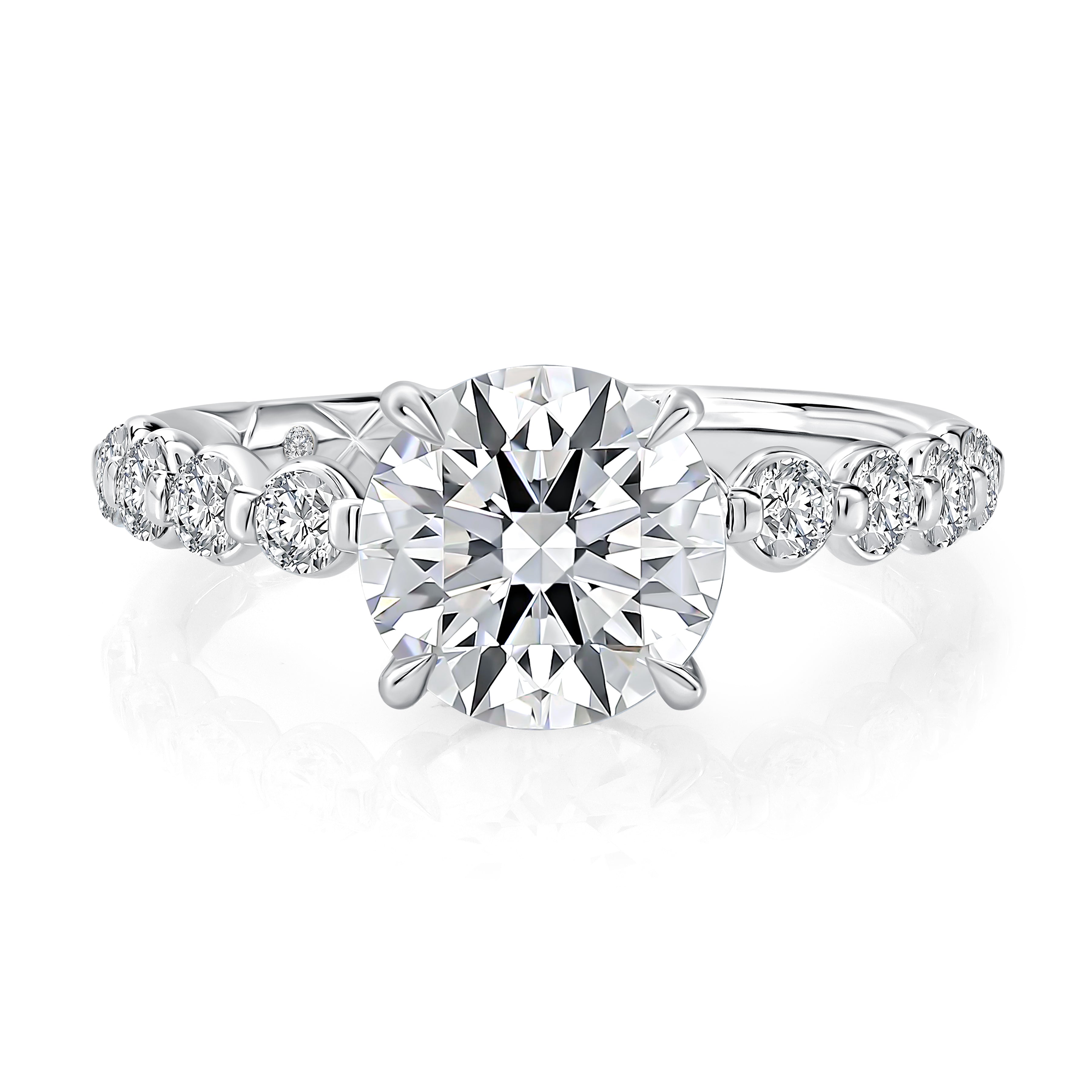 Top view of a 14K white gold engagement ring setting with a round center diamond