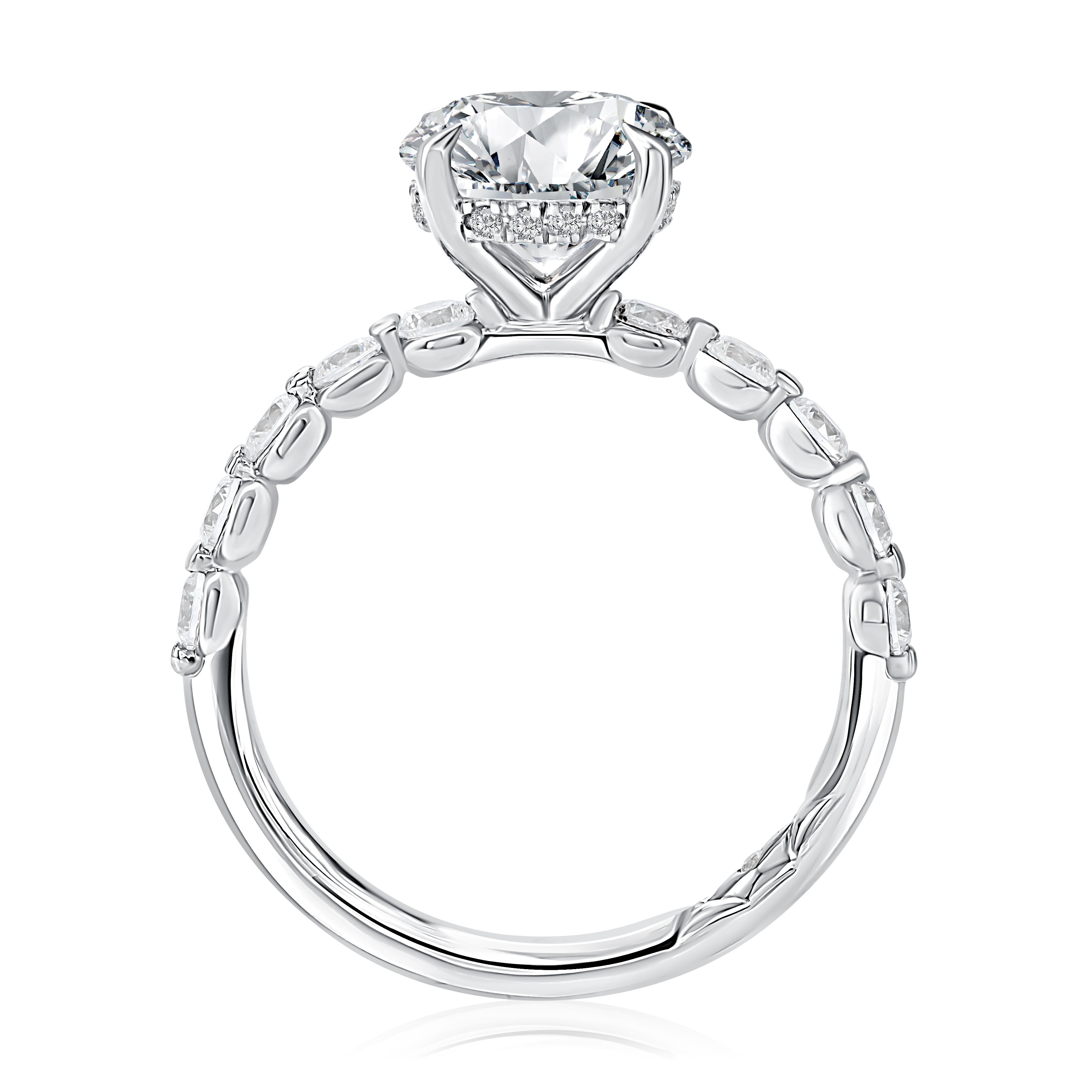 Side view of a 14K white gold engagement ring setting with a shared prong diamond band