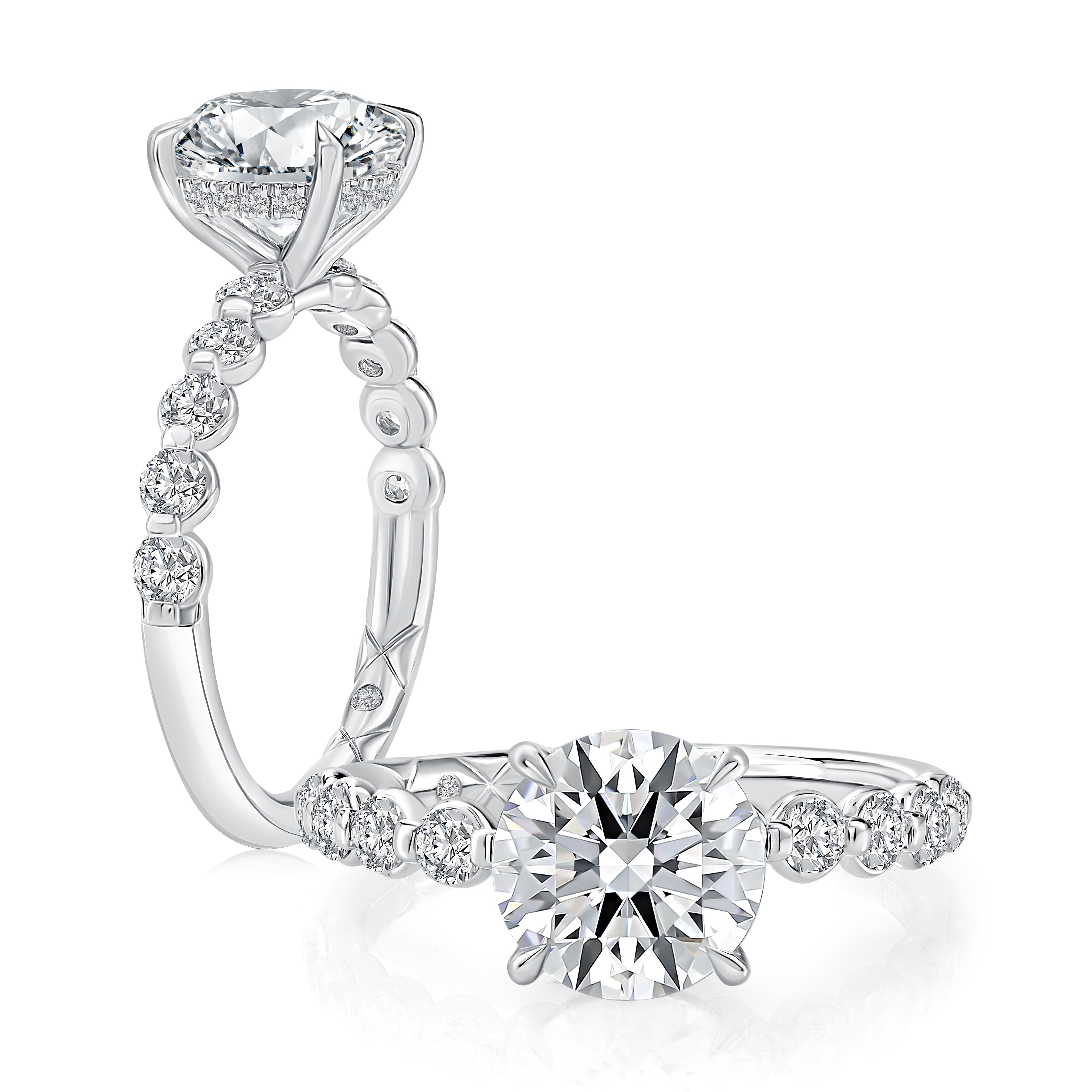 14K white gold engagement ring setting with a shared prong diamond band, shown standing and lying flat