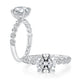 14K white gold engagement ring setting with a shared prong diamond band, shown standing and lying flat
