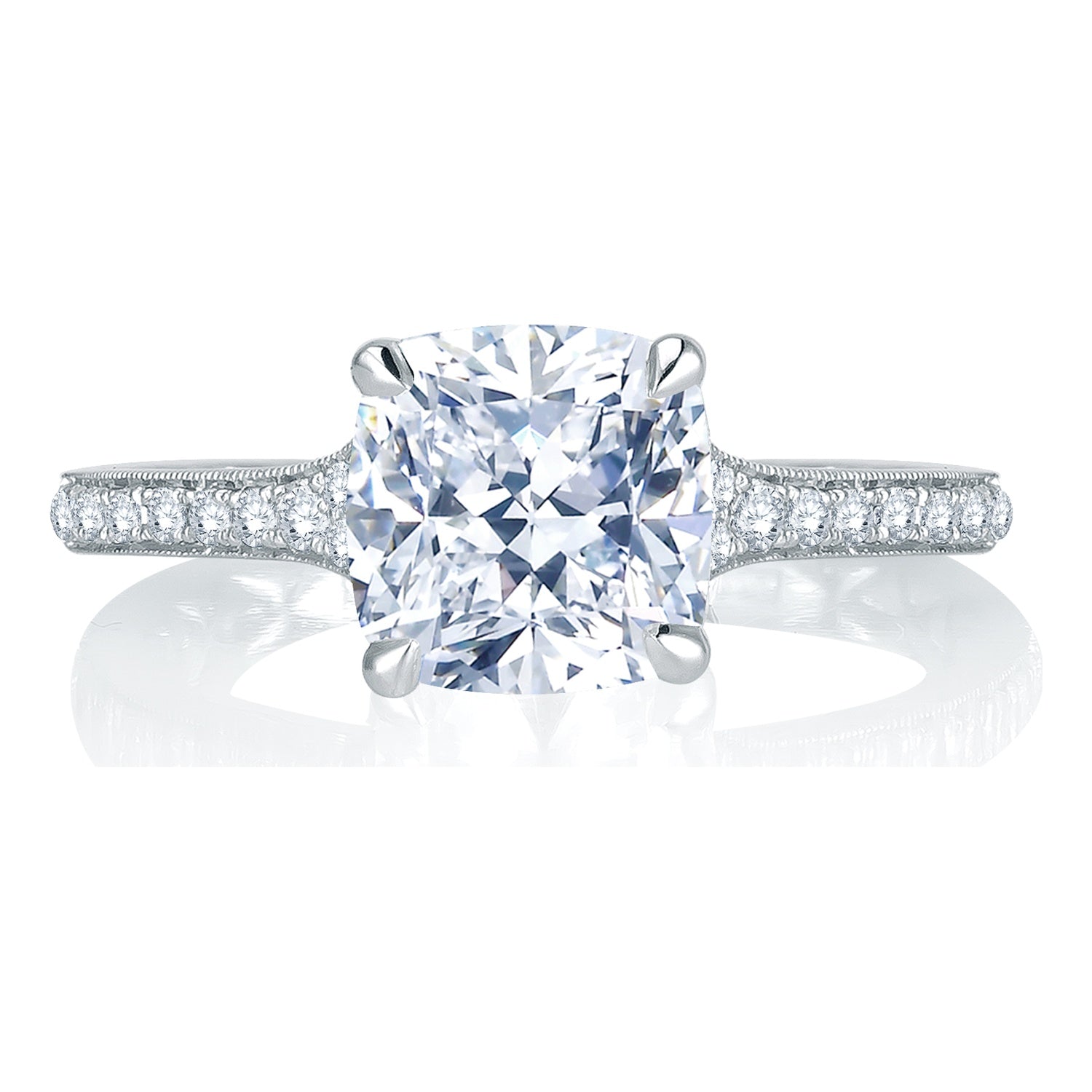 Top view of a 14K white gold engagement ring setting with a cushion center diamond