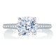 Top view of a 14K white gold engagement ring setting with a cushion center diamond