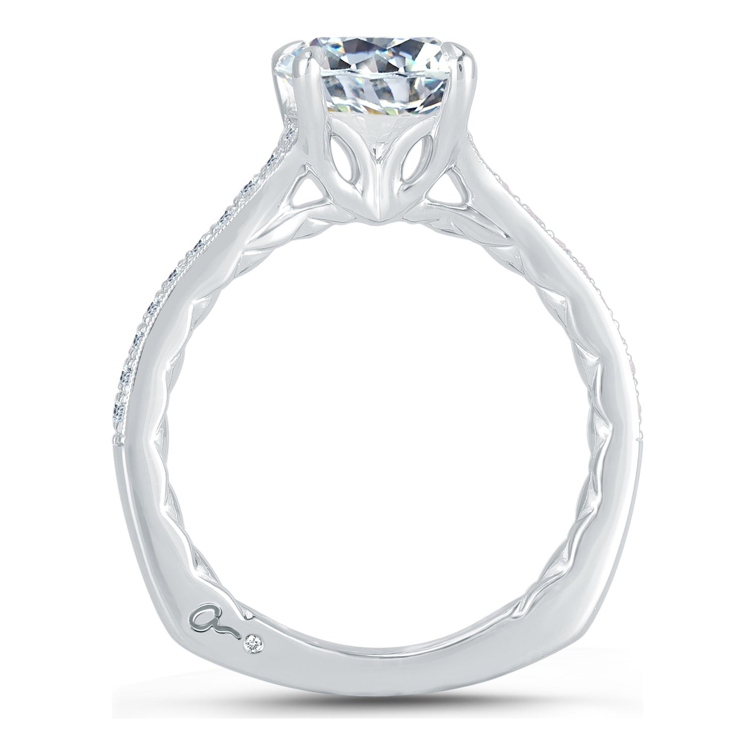 Side view of a 14K white gold cushion engagement ring setting with a pave diamond band