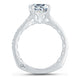 Side view of a 14K white gold cushion engagement ring setting with a pave diamond band