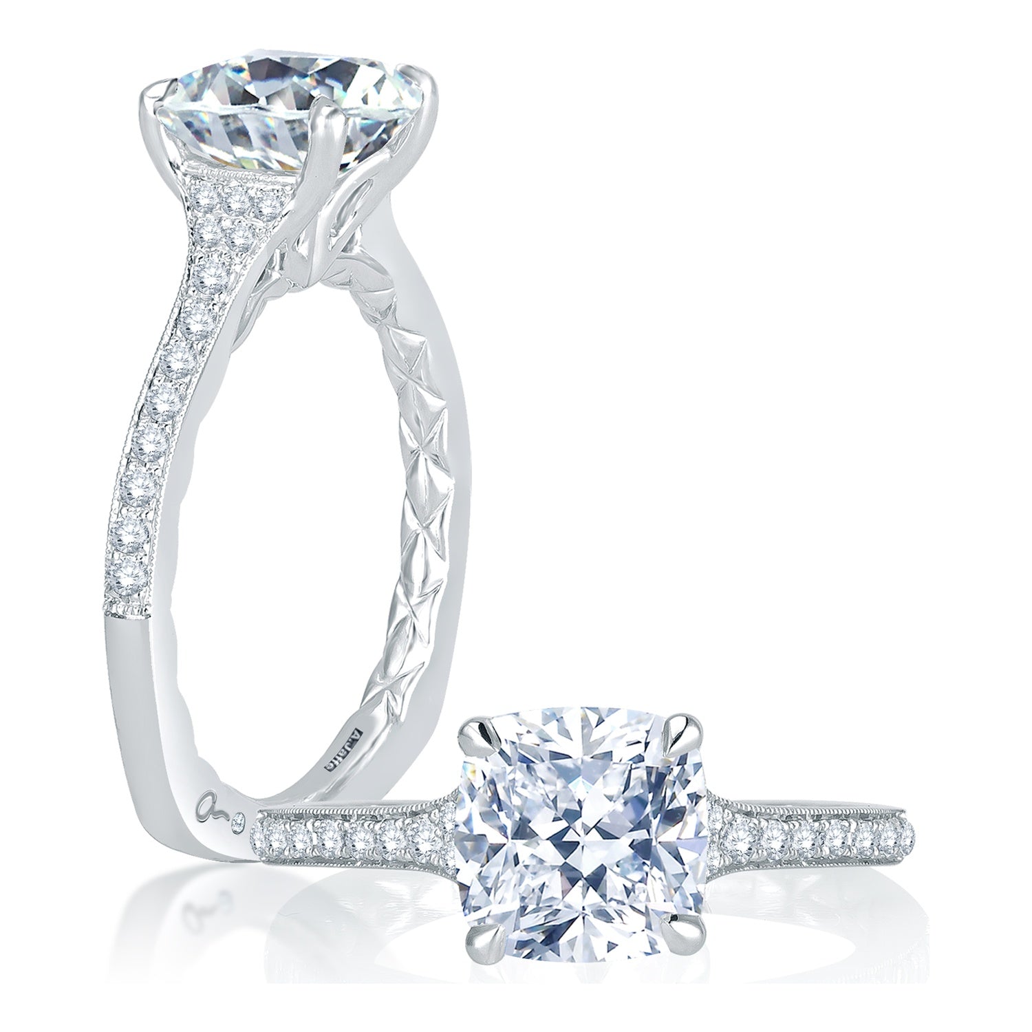14K white gold cushion engagement ring setting with a pave diamond band, shown standing and lying flat