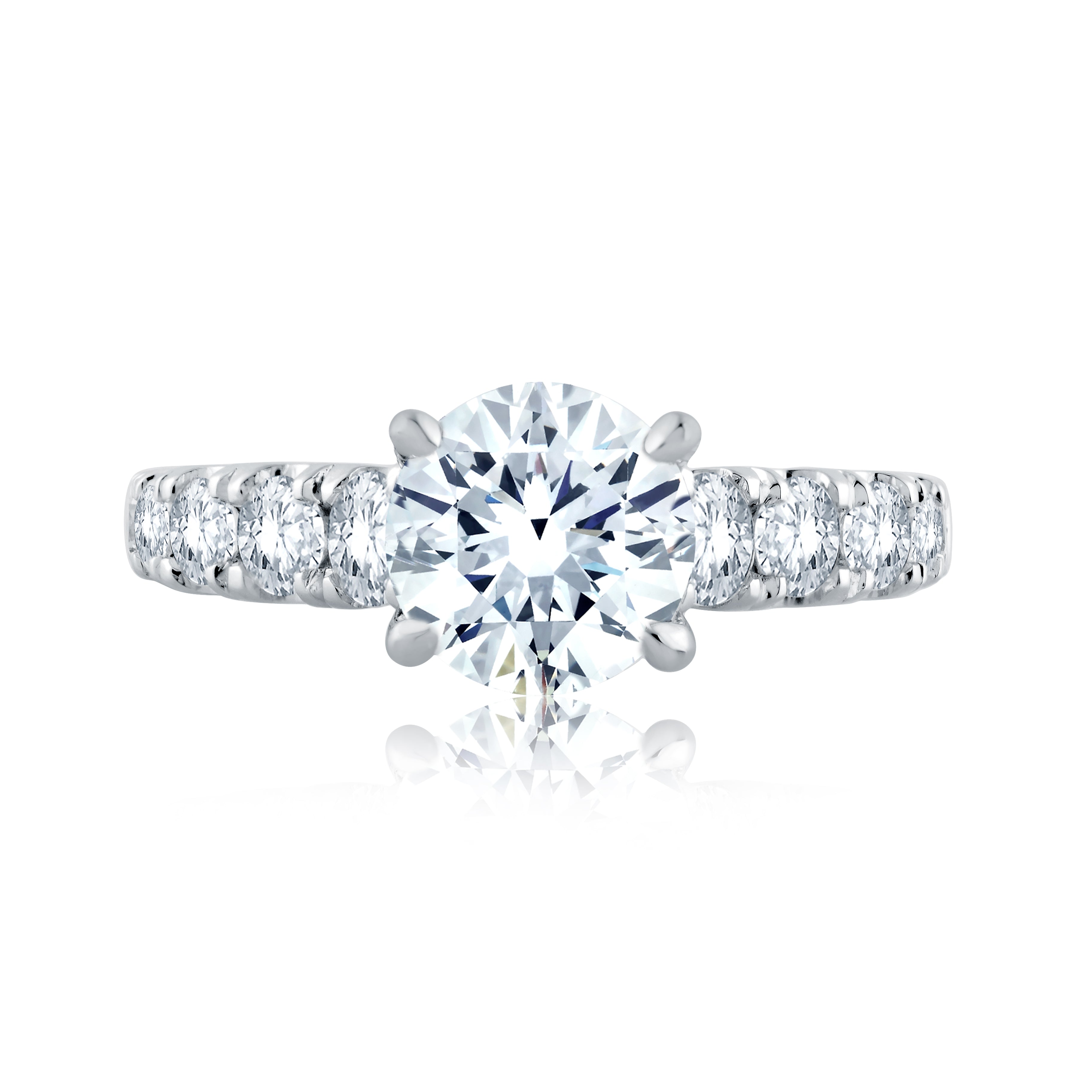 Top view of a 14K white gold engagement ring setting with a round center diamond