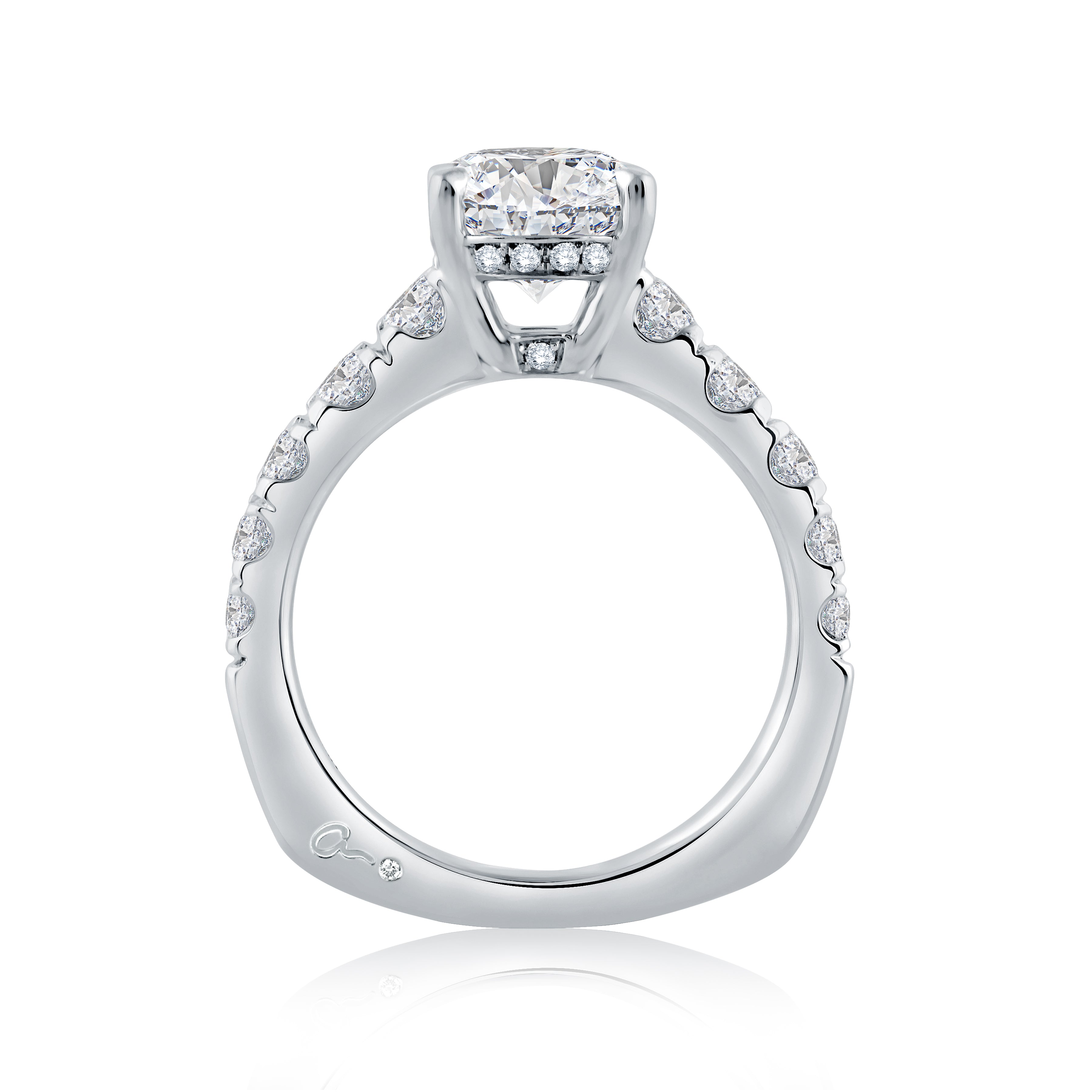 Side view of a 14K white gold engagement ring setting with a wide diamond band