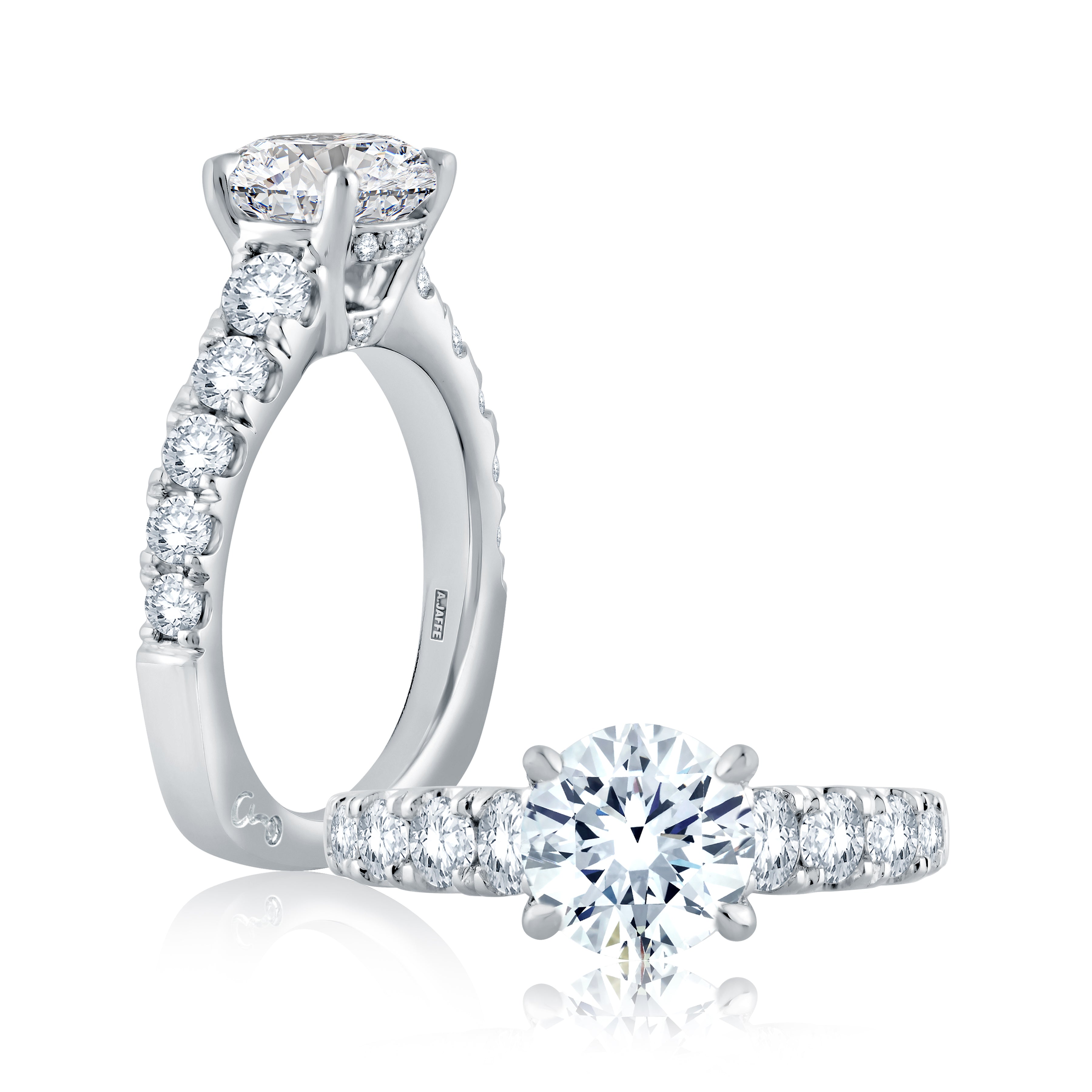 14K white gold engagement ring setting with a wide diamond band, shown standing and lying flat
