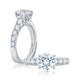 14K white gold engagement ring setting with a wide diamond band, shown standing and lying flat