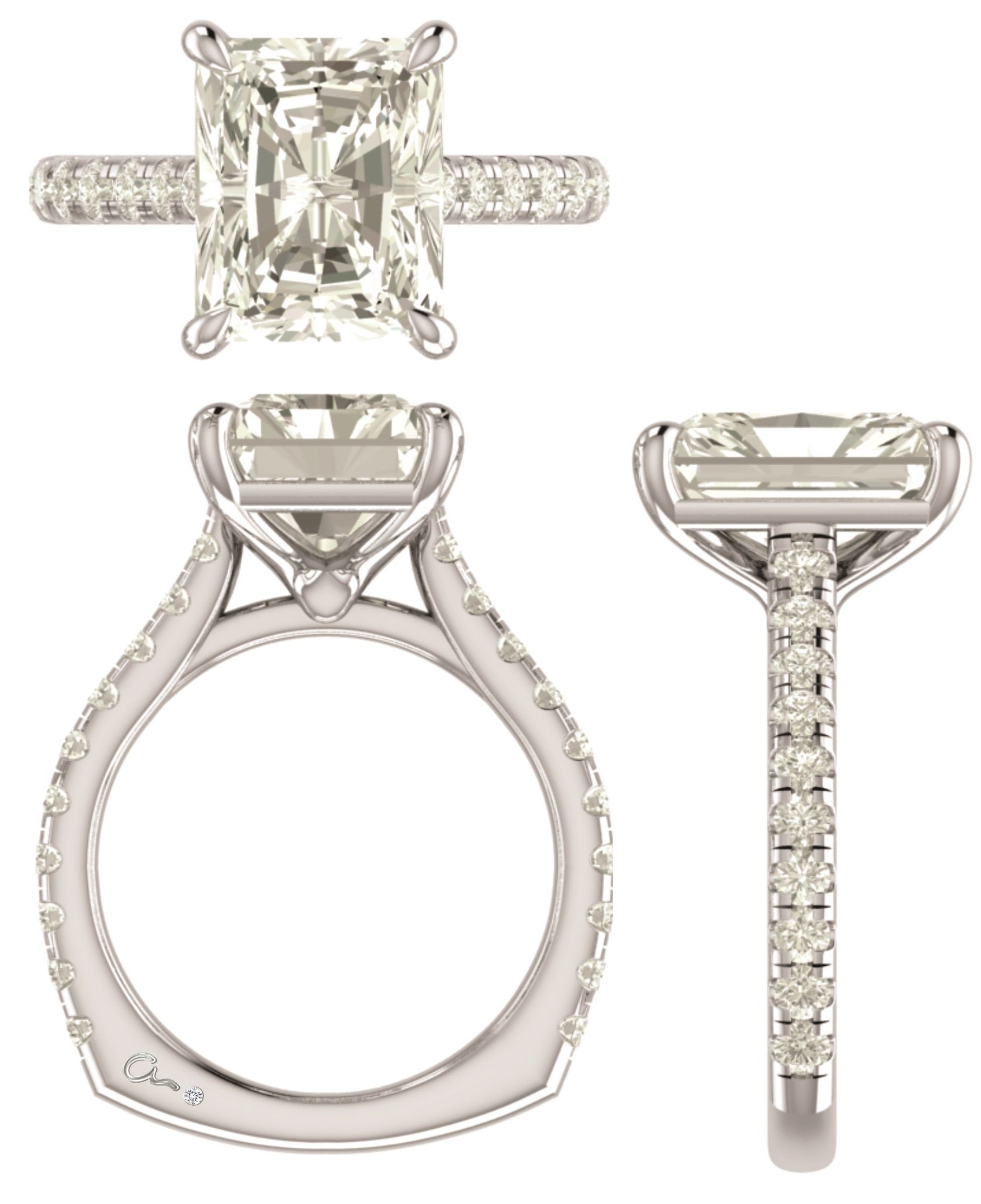 14K white gold radiant engagement ring setting with a pave diamond band, shown standing and lying flat