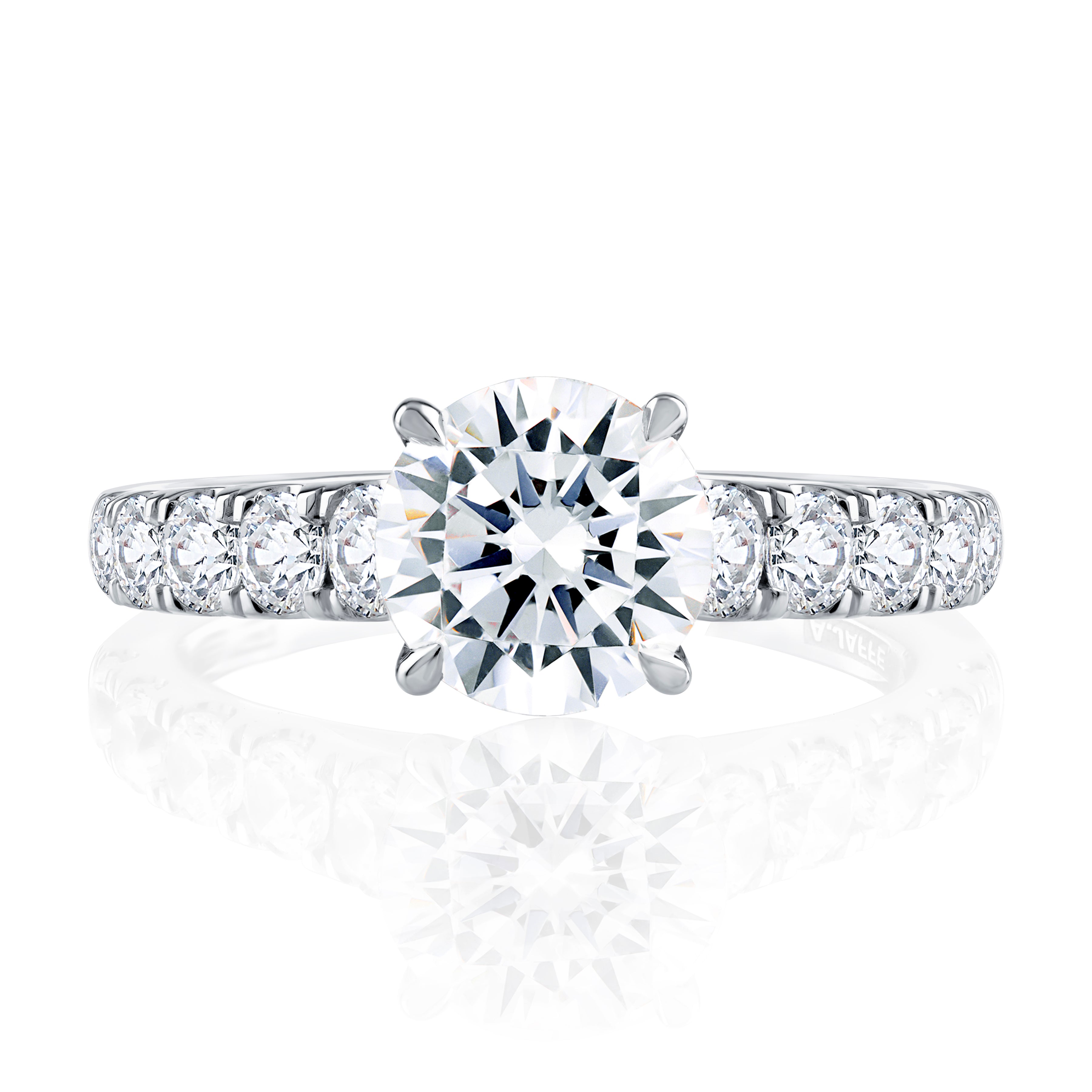 Top view of a 14K white gold engagement ring setting with a round center diamond