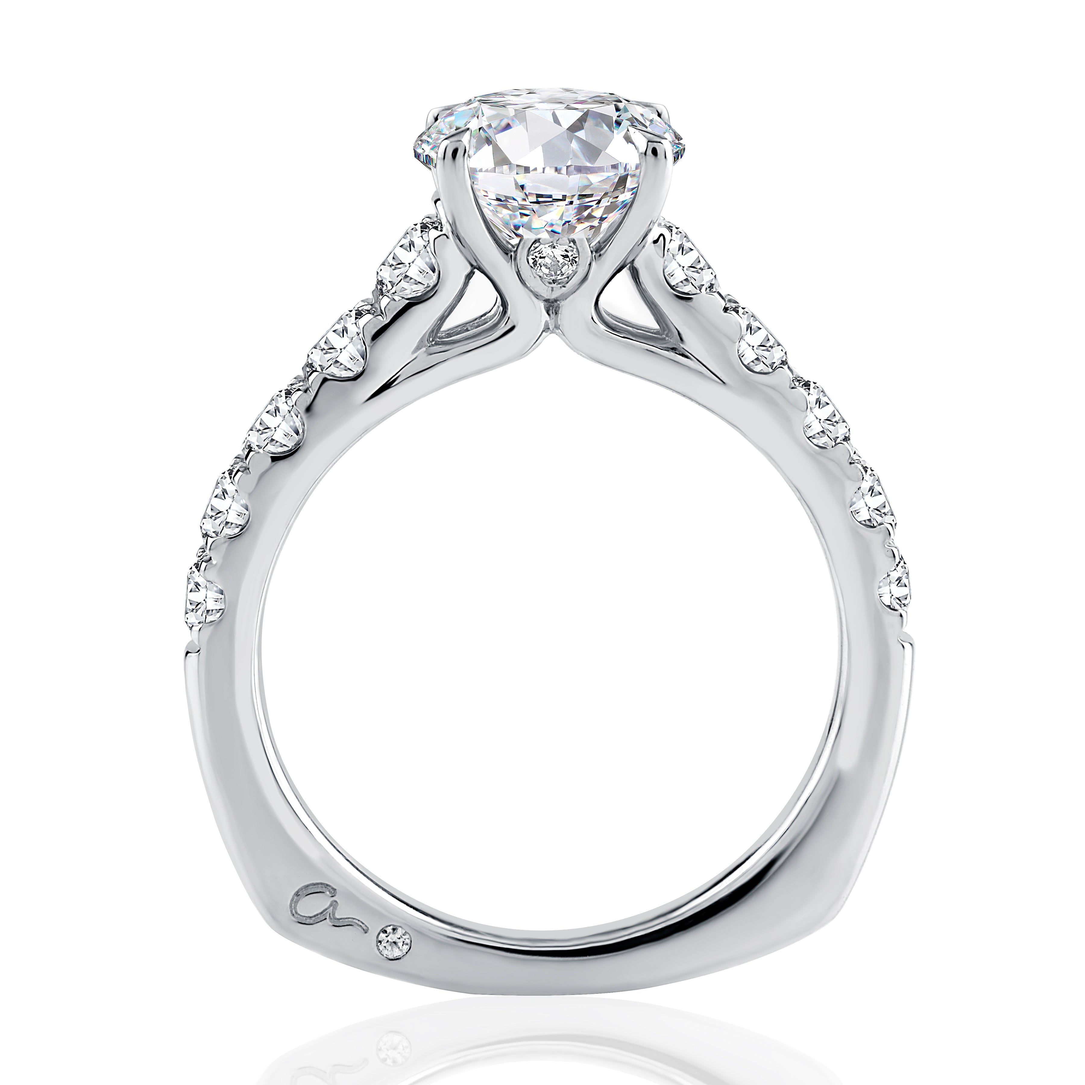 Side view of a 14K white gold engagement ring setting with a diamond band
