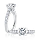 14K white gold engagement ring setting with a diamond band and a round center diamond, shown standing and lying flat