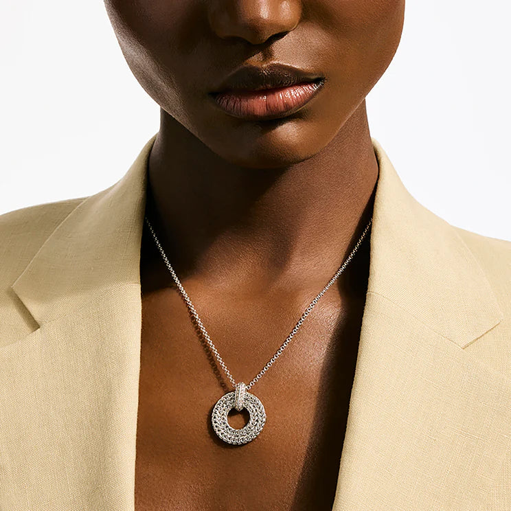 Sterling Silver Icon Link Diamond Circle Pendant Necklace