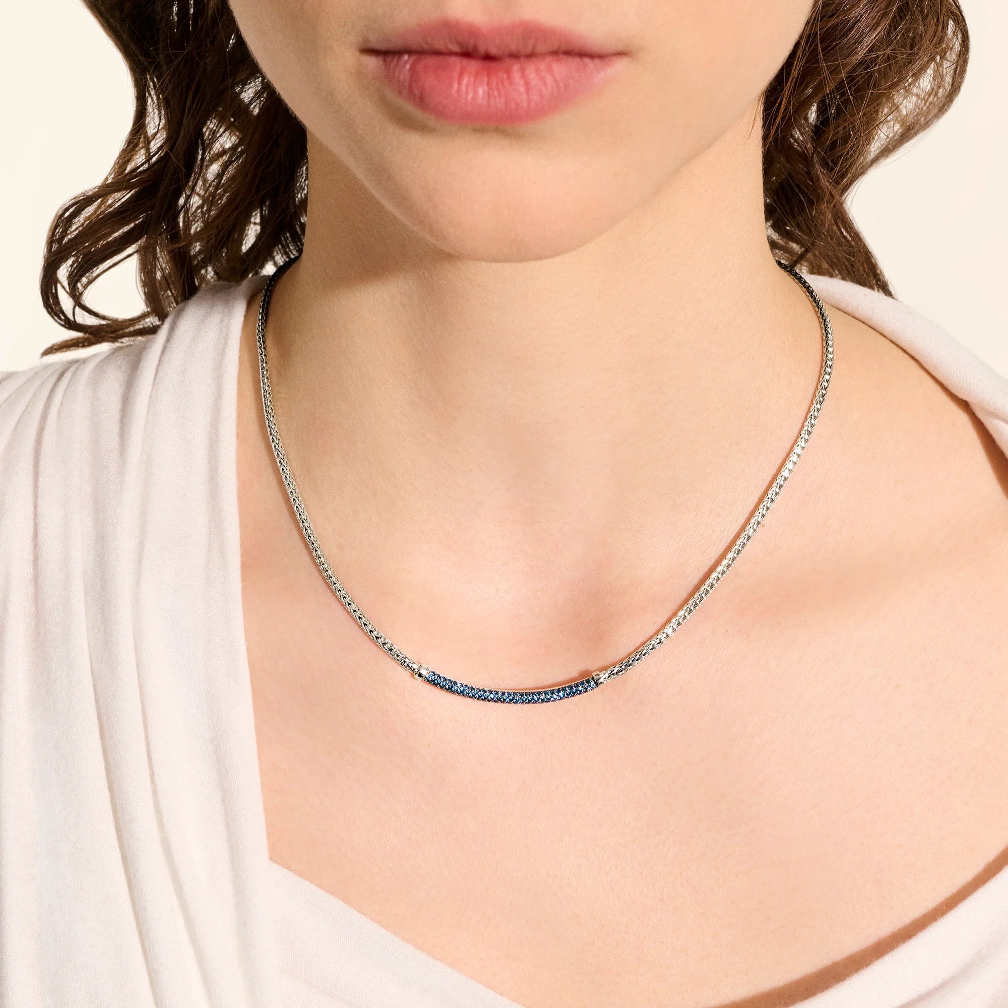 Sterling Silver Pave Blue Sapphire Bar Necklace