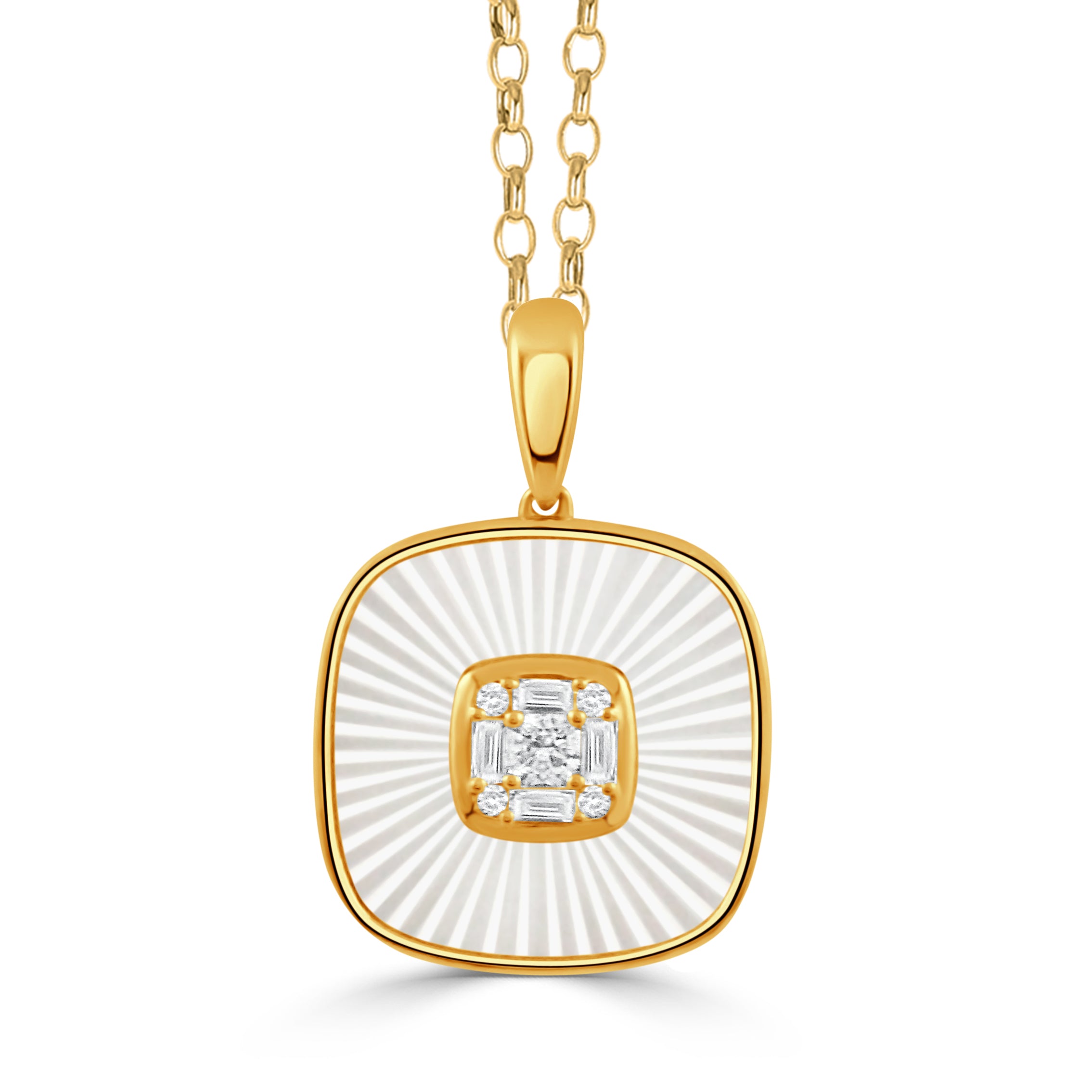 Yellow Gold Ondelle Diamond and White Mother of Pearl Square Pendant Necklace