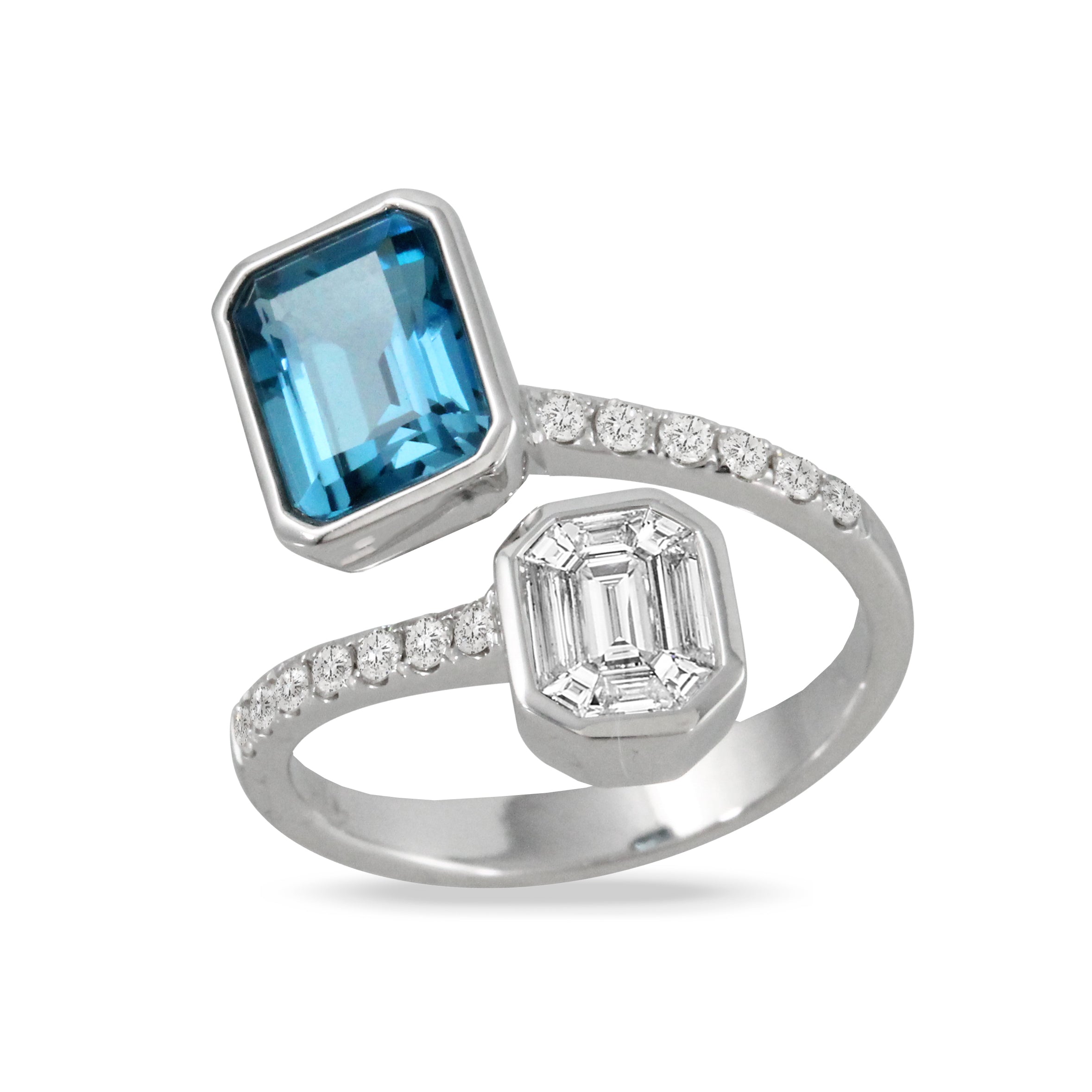 White Gold Diamond and London Blue Topaz Bypass Ring