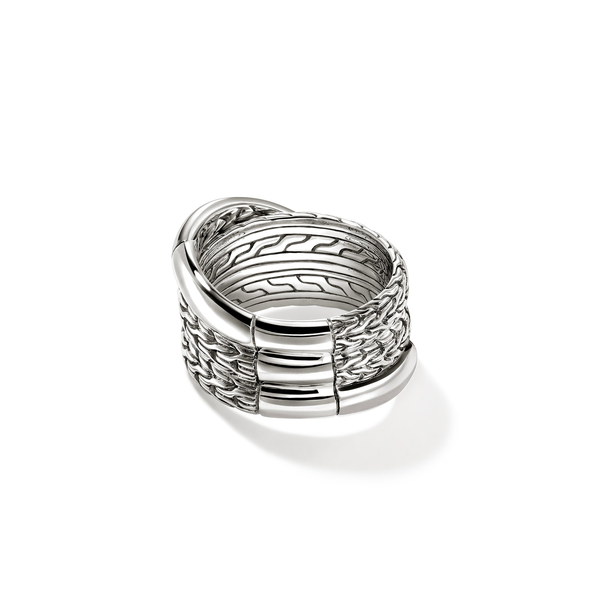 Chunky Sterling Silver Chain Motif Crossover Ring