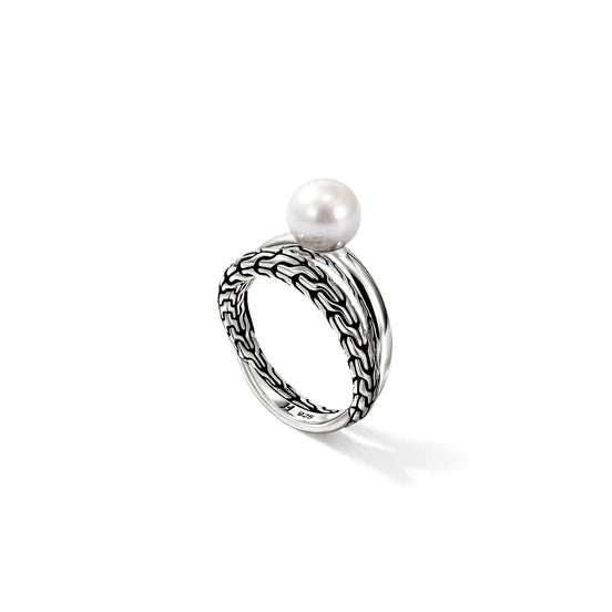 Sterling Silver Chain Motif and Fresh Water Pearl Ring