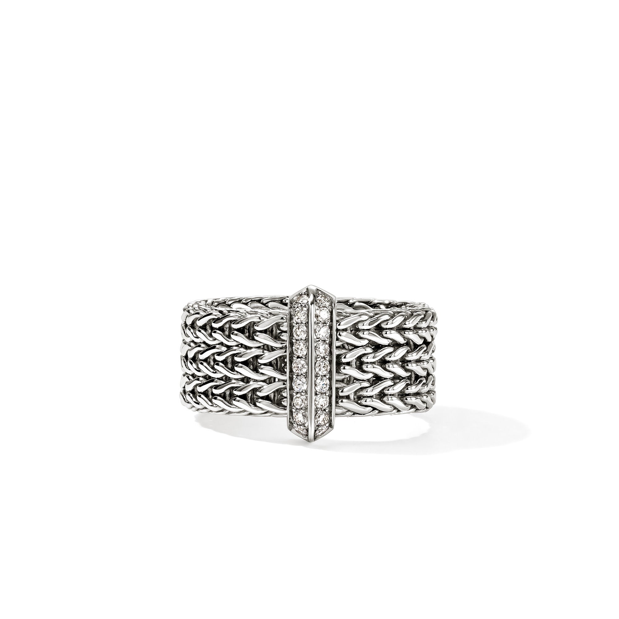 John Hardy Sterling Silver Icon Link Ring with Pave Diamonds, Size 7