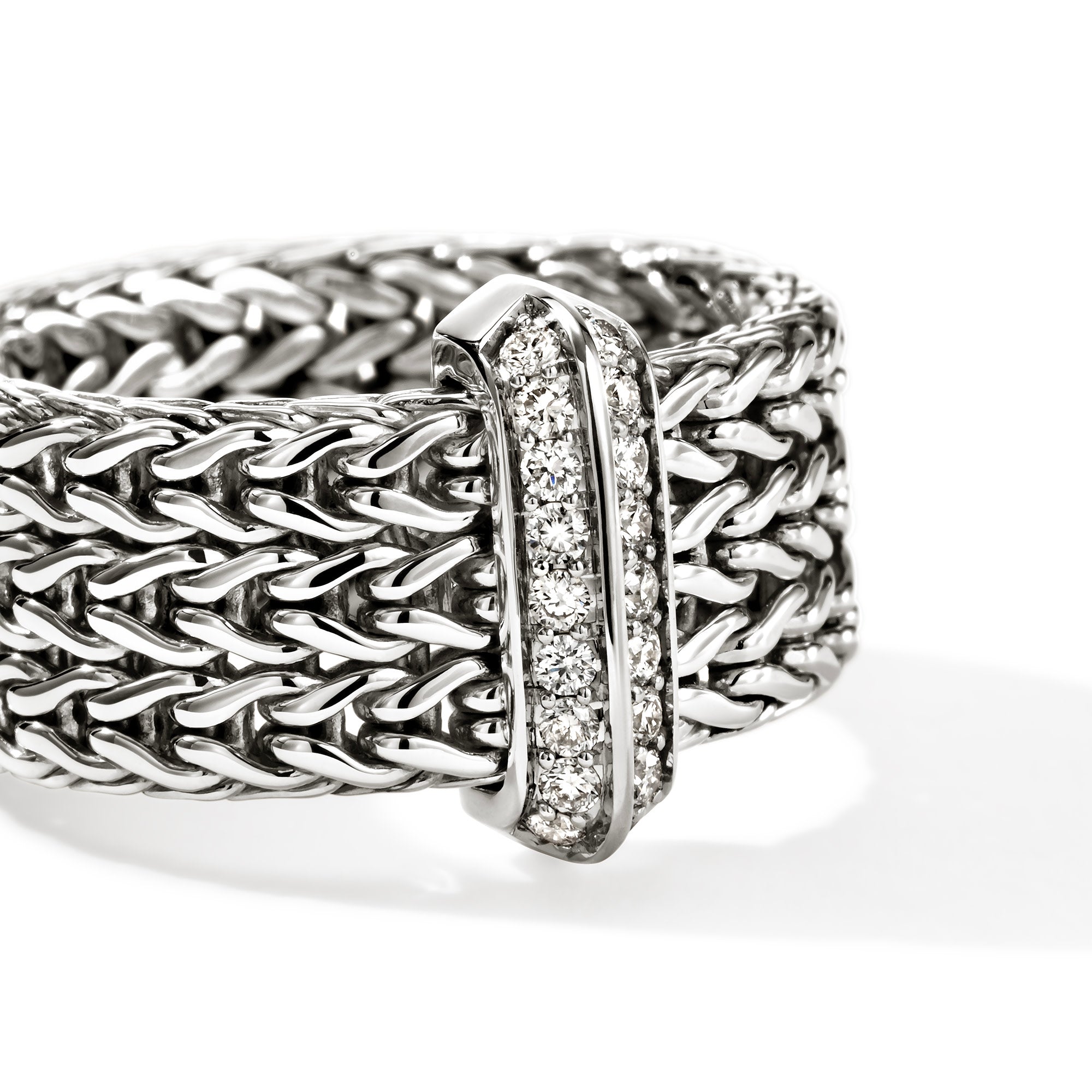 John Hardy Sterling Silver Icon Link Ring with Pave Diamonds, Size 7