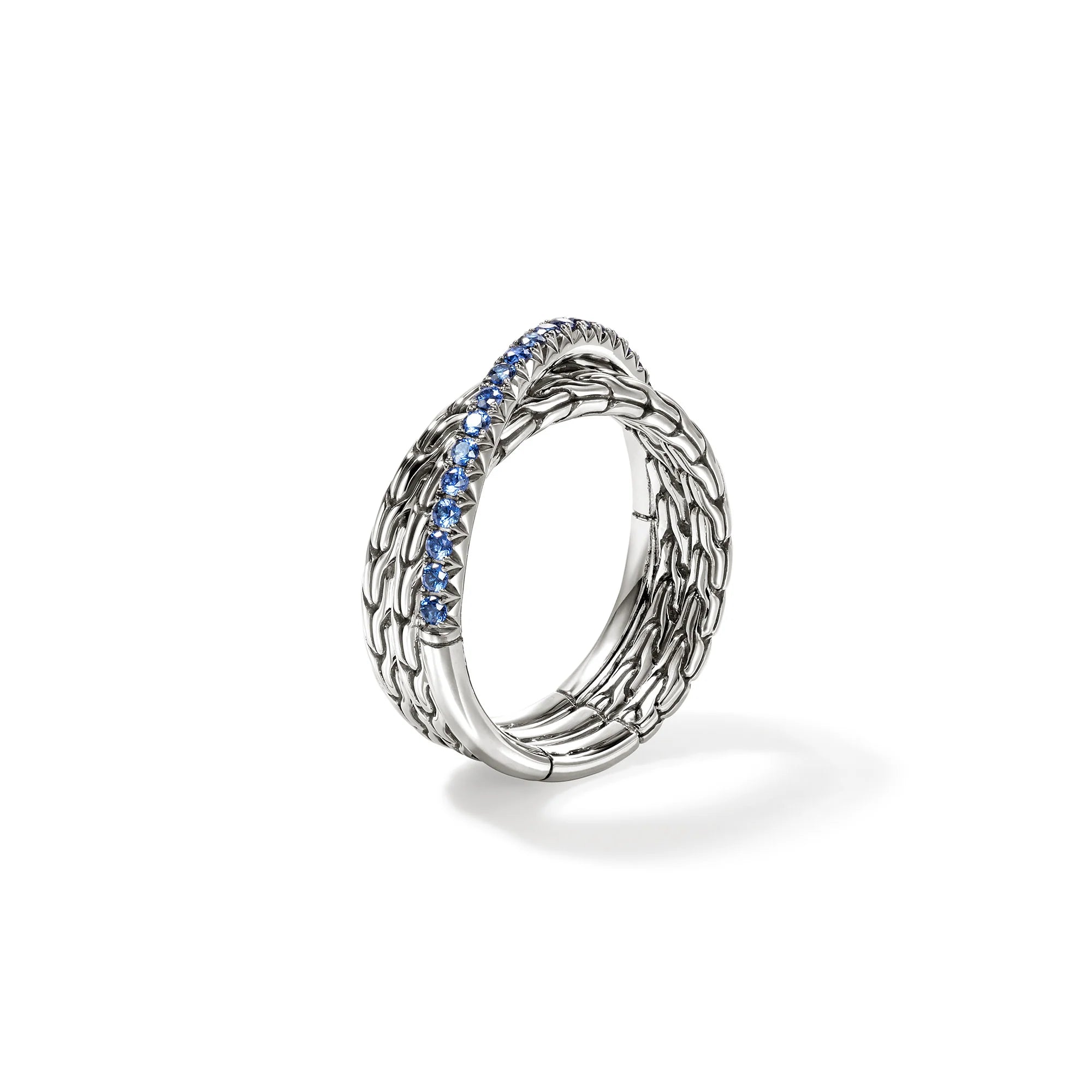 Sterling Silver Chain Motif and Blue Sapphire Crossover Ring