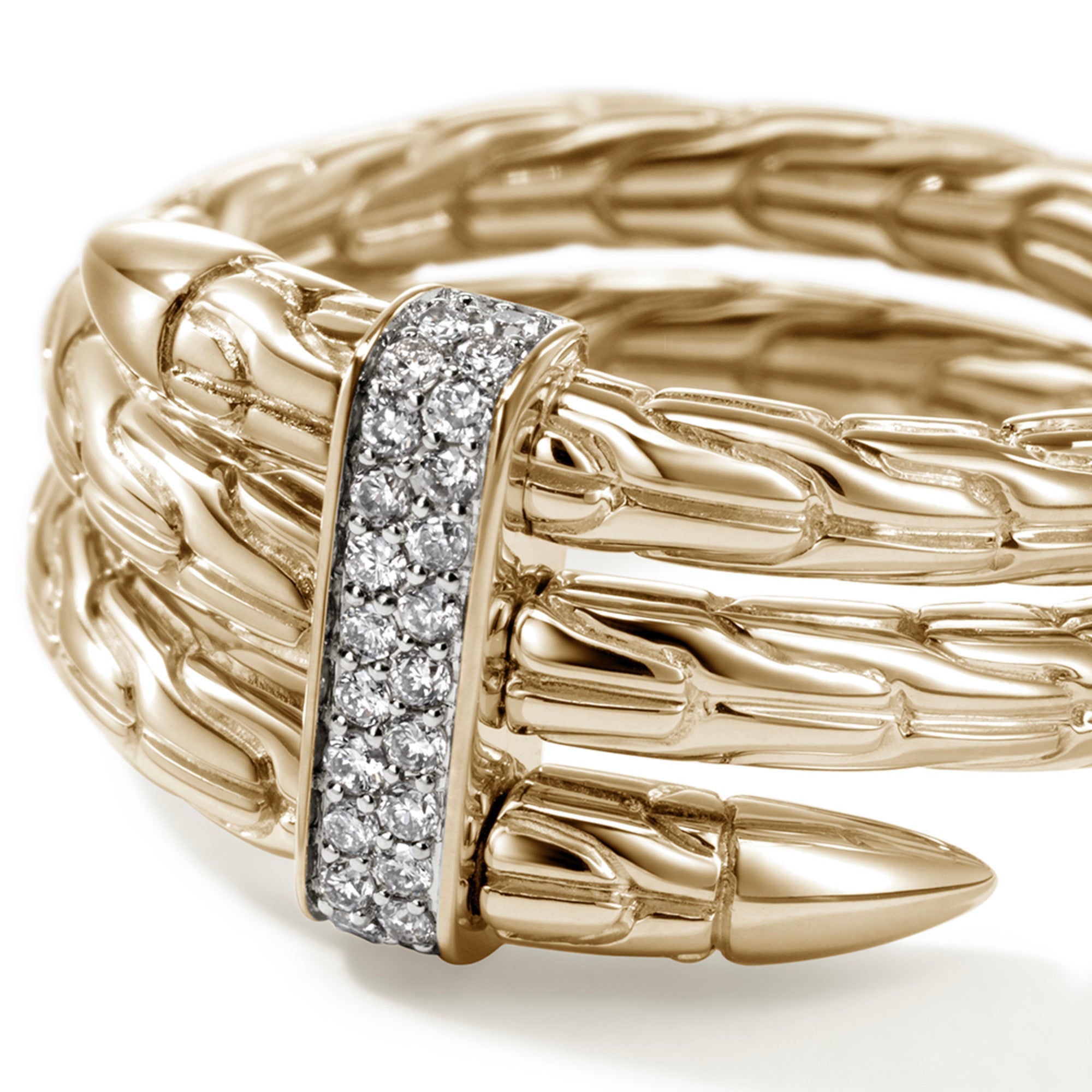 John Hardy 14K Yellow Gold Spear Double Wrap Ring with Pave Diamonds