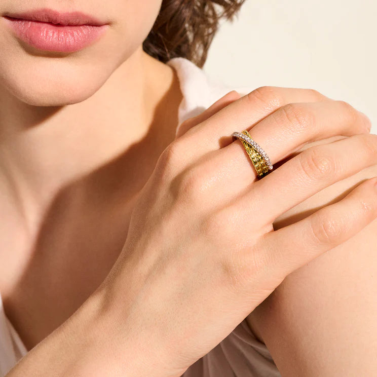 Yellow Gold and Pave Diamond Crossover Ring