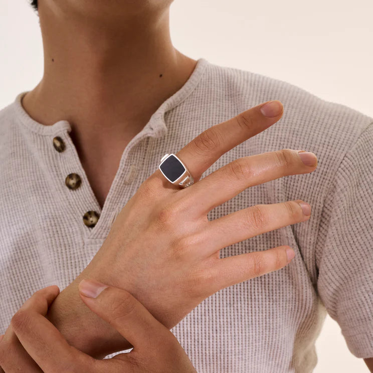 Sterling Silver and Treated Black Onyx Signet Ring