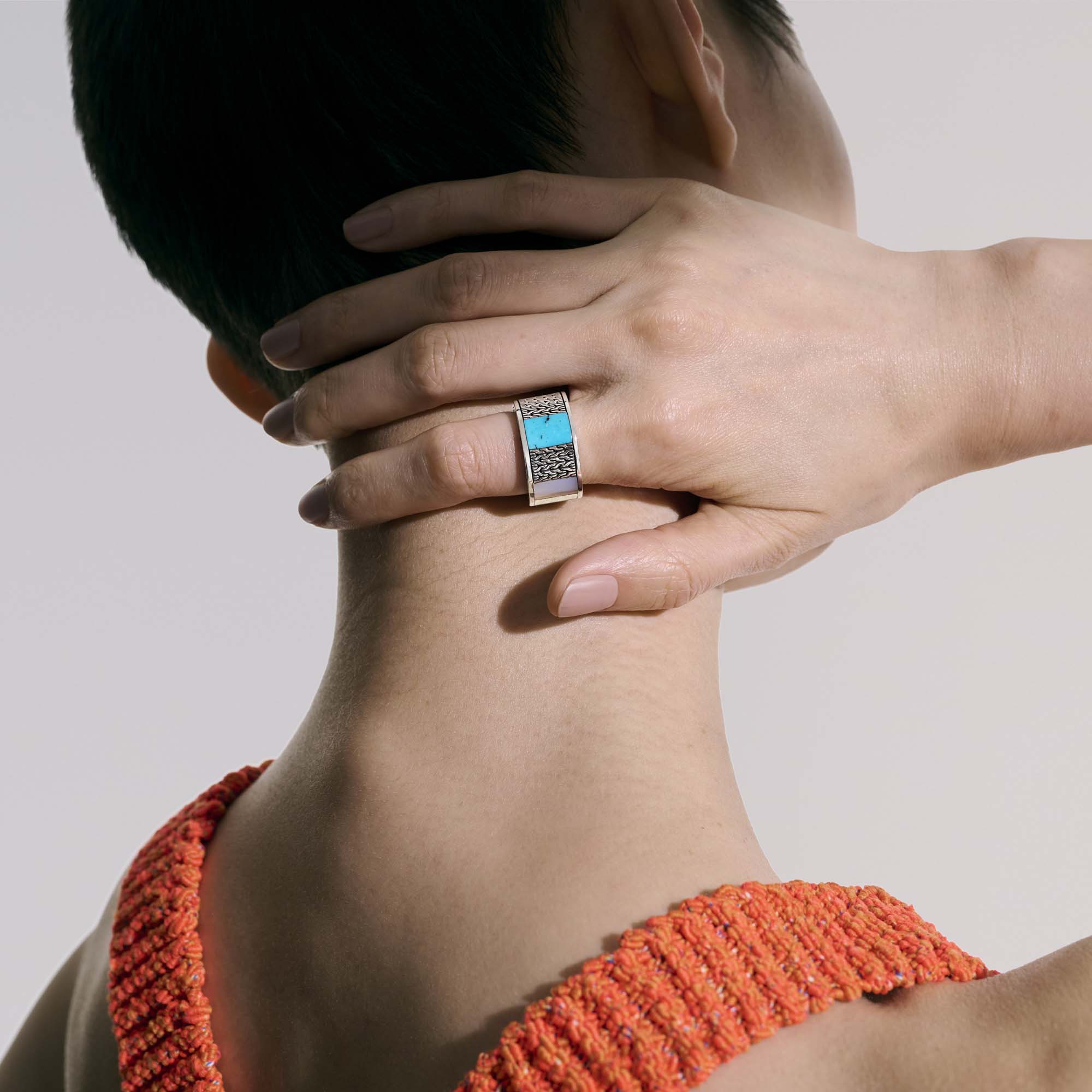 John Hardy Sterling Silver and Yellow Gold Ring with Mother of Pearl, Turquoise and Lapis Lazuli