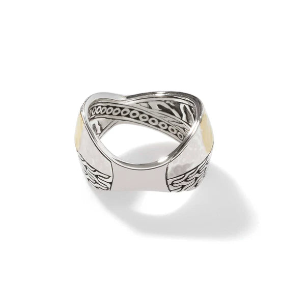 Sterling Silver and Hammered Gold Pave Diamond Twisted Ring